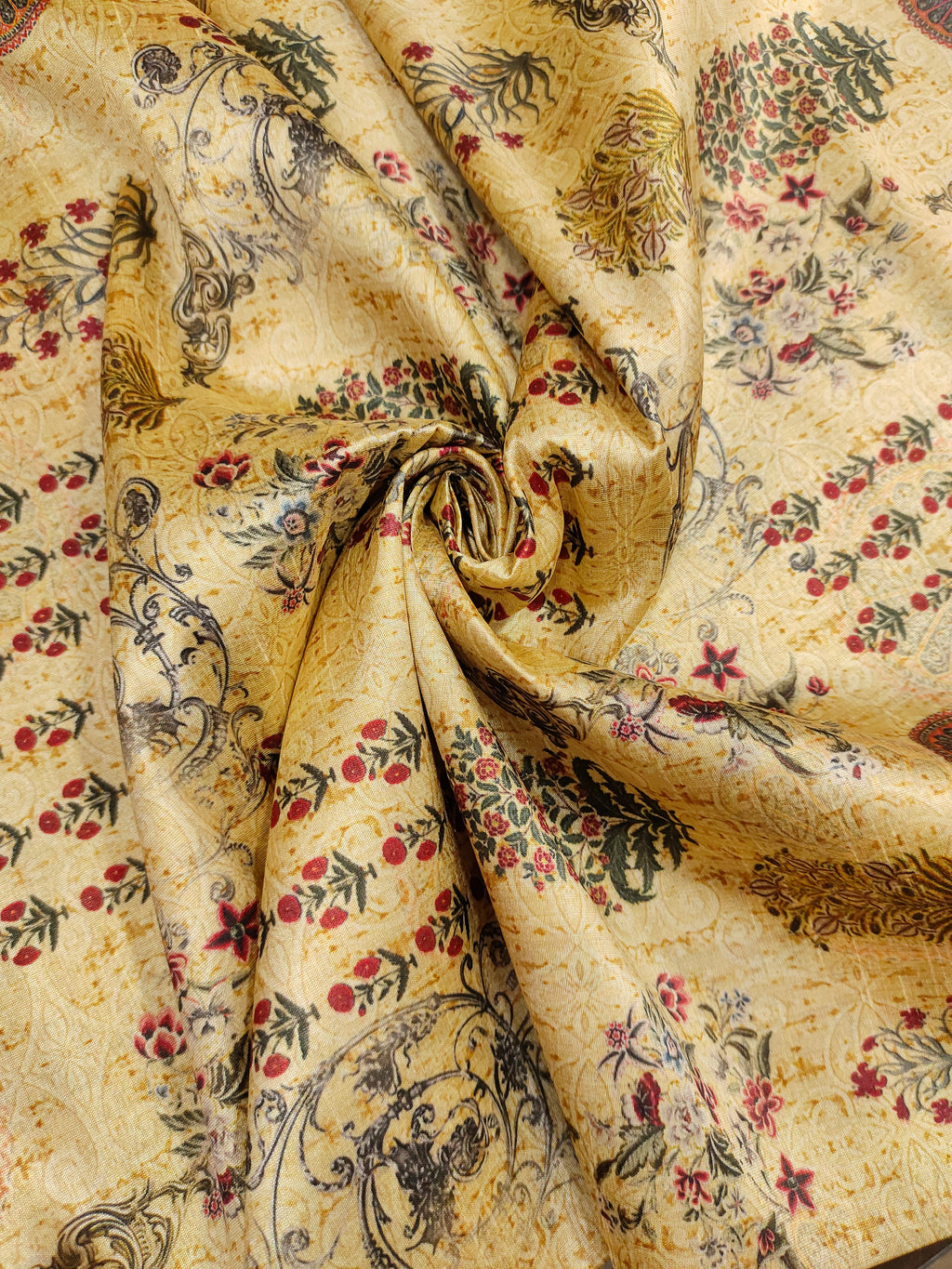 Cotton silk beige fabric with marron and green digital print