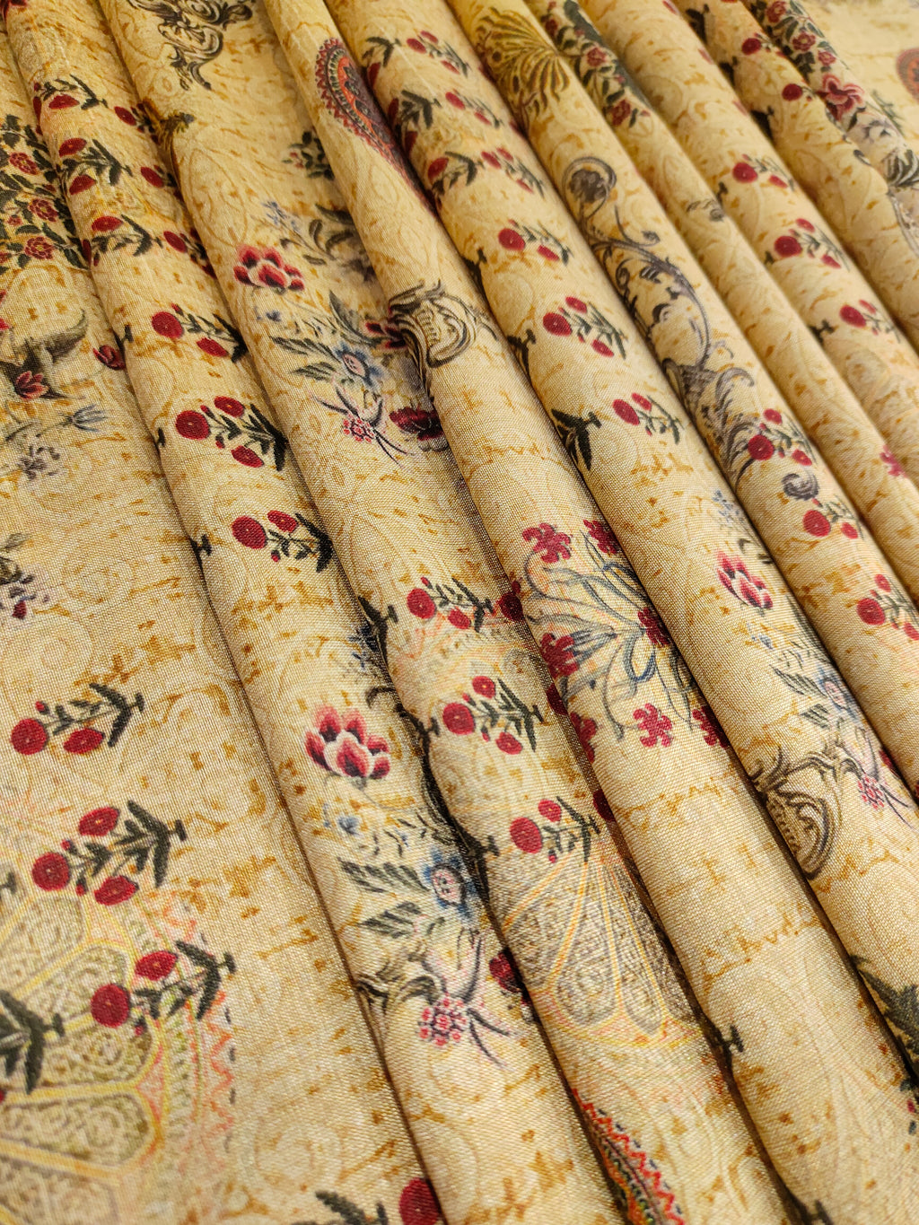 Cotton silk beige fabric with marron and green digital print