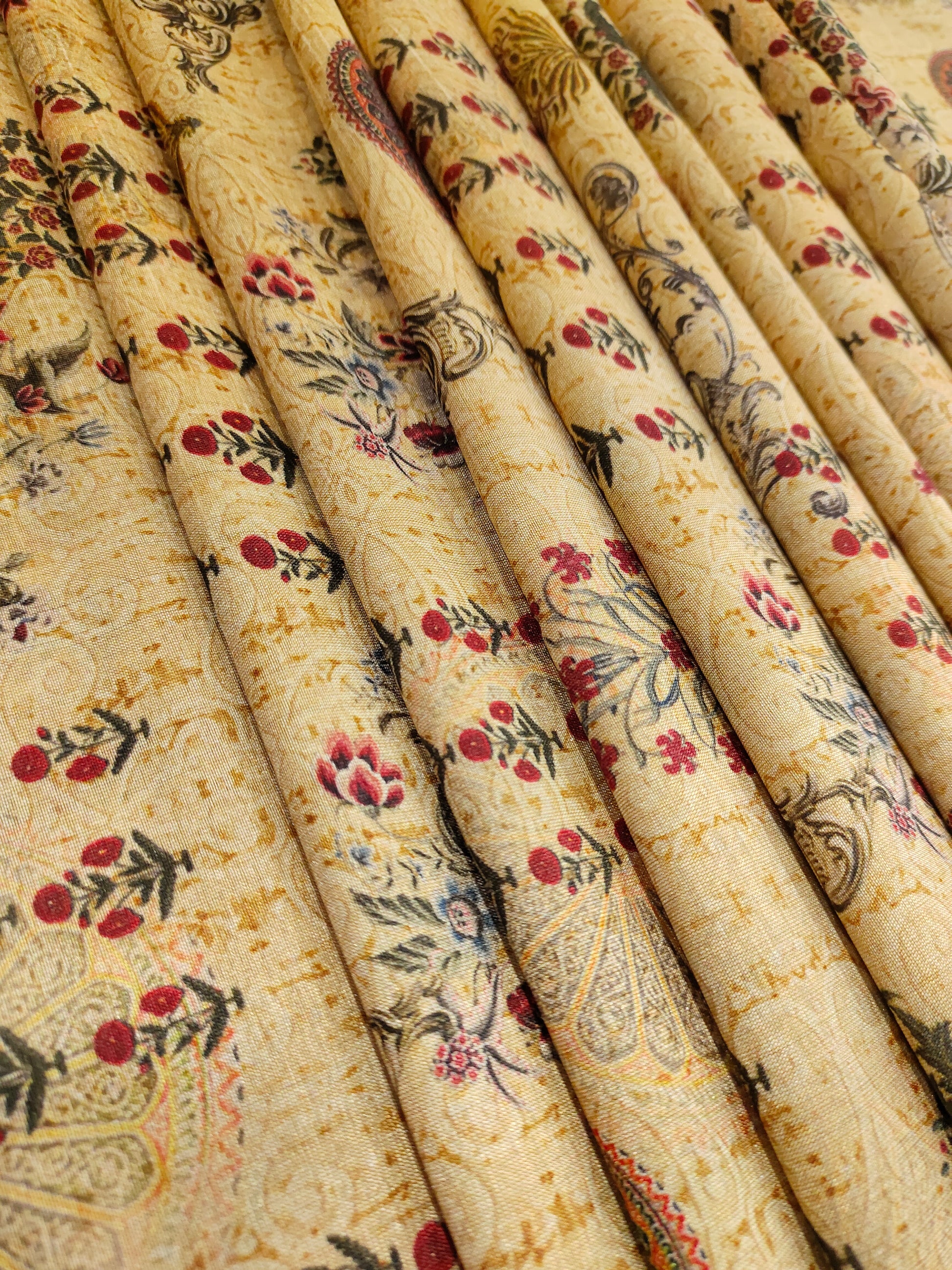 Cotton silk beige fabric with marron and green digital print