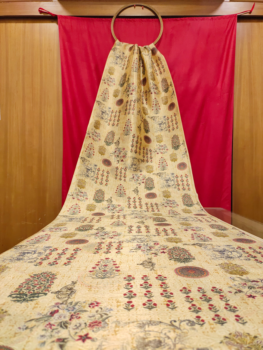 Cotton silk beige fabric with marron and green digital print