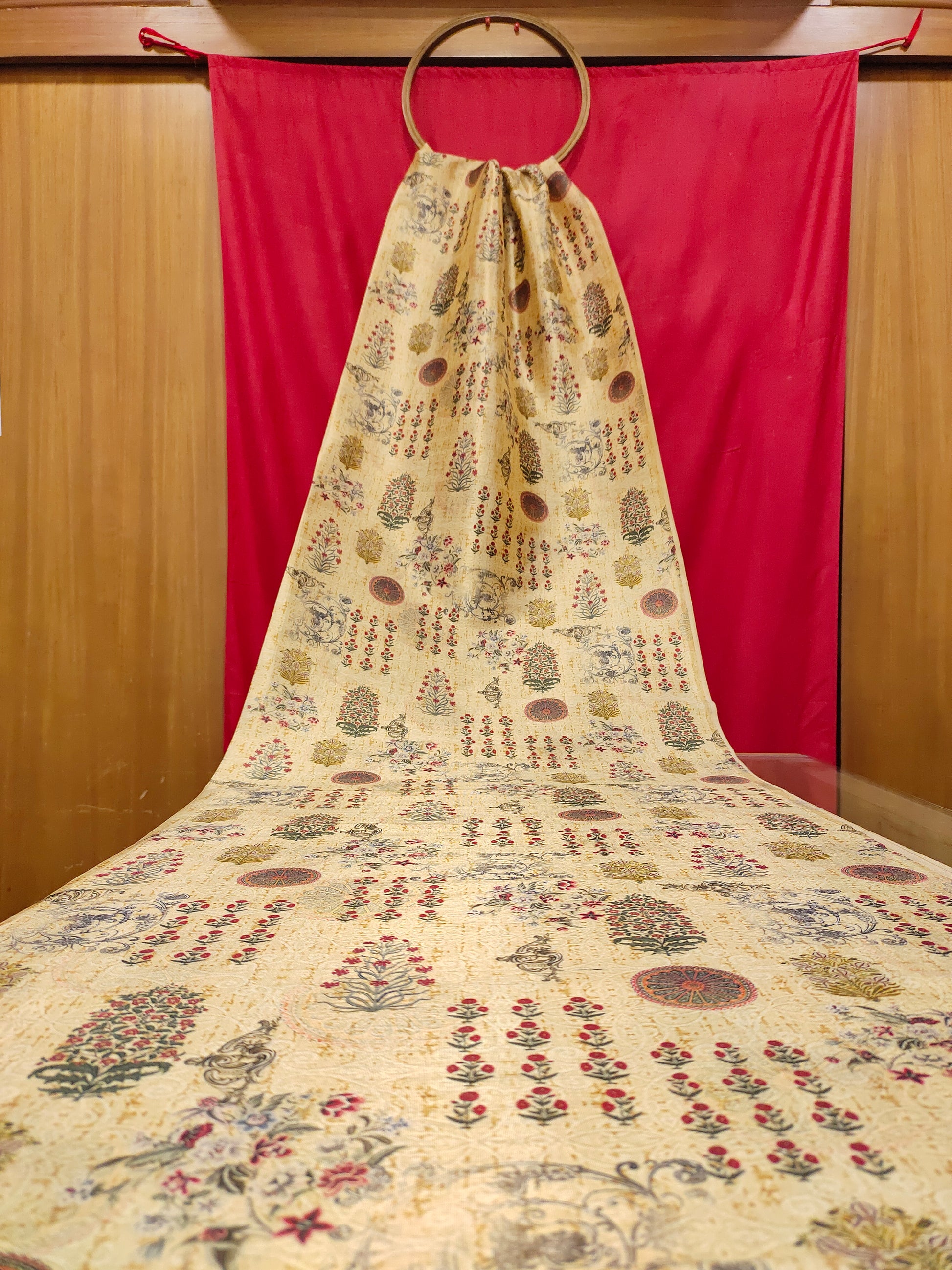 Cotton silk beige fabric with marron and green digital print