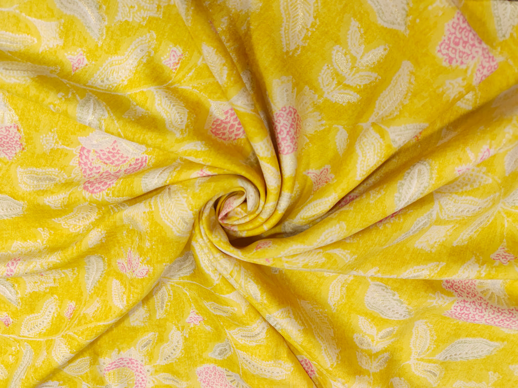 Yellow muslin fabric with pink and gold digital print