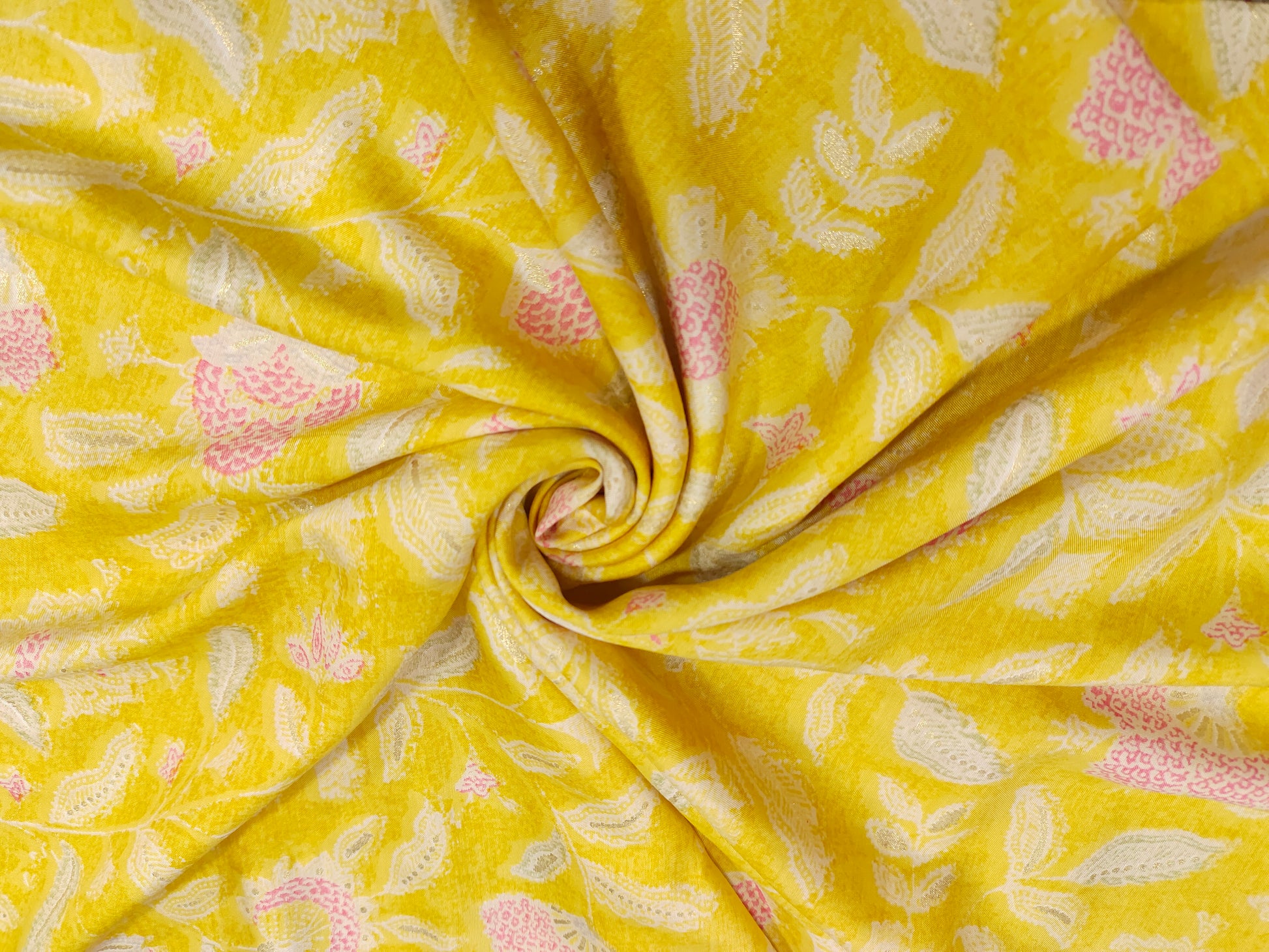 Yellow muslin fabric with pink and gold digital print