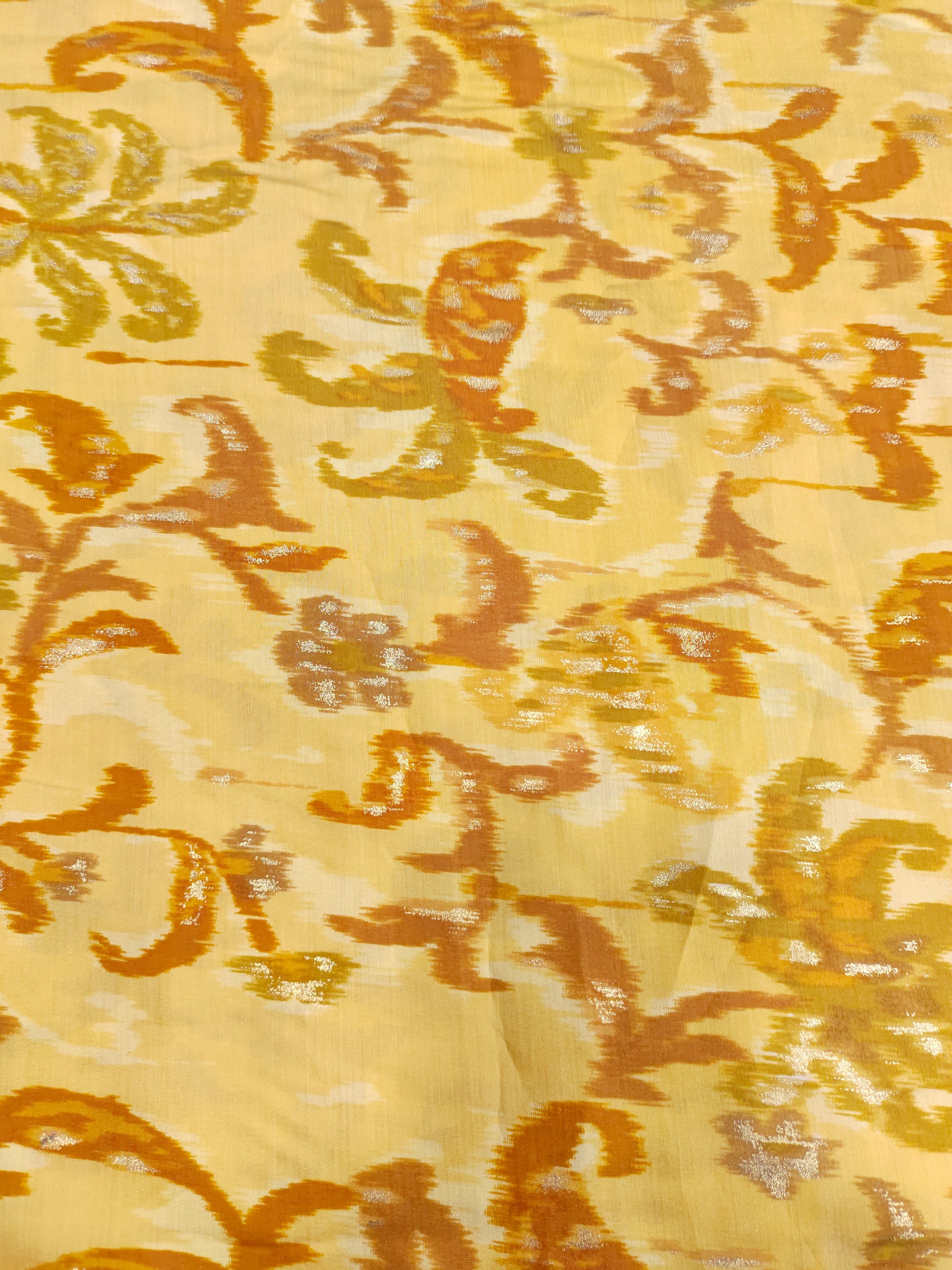 Light mustard muslin fabric with mustard and gold digital print