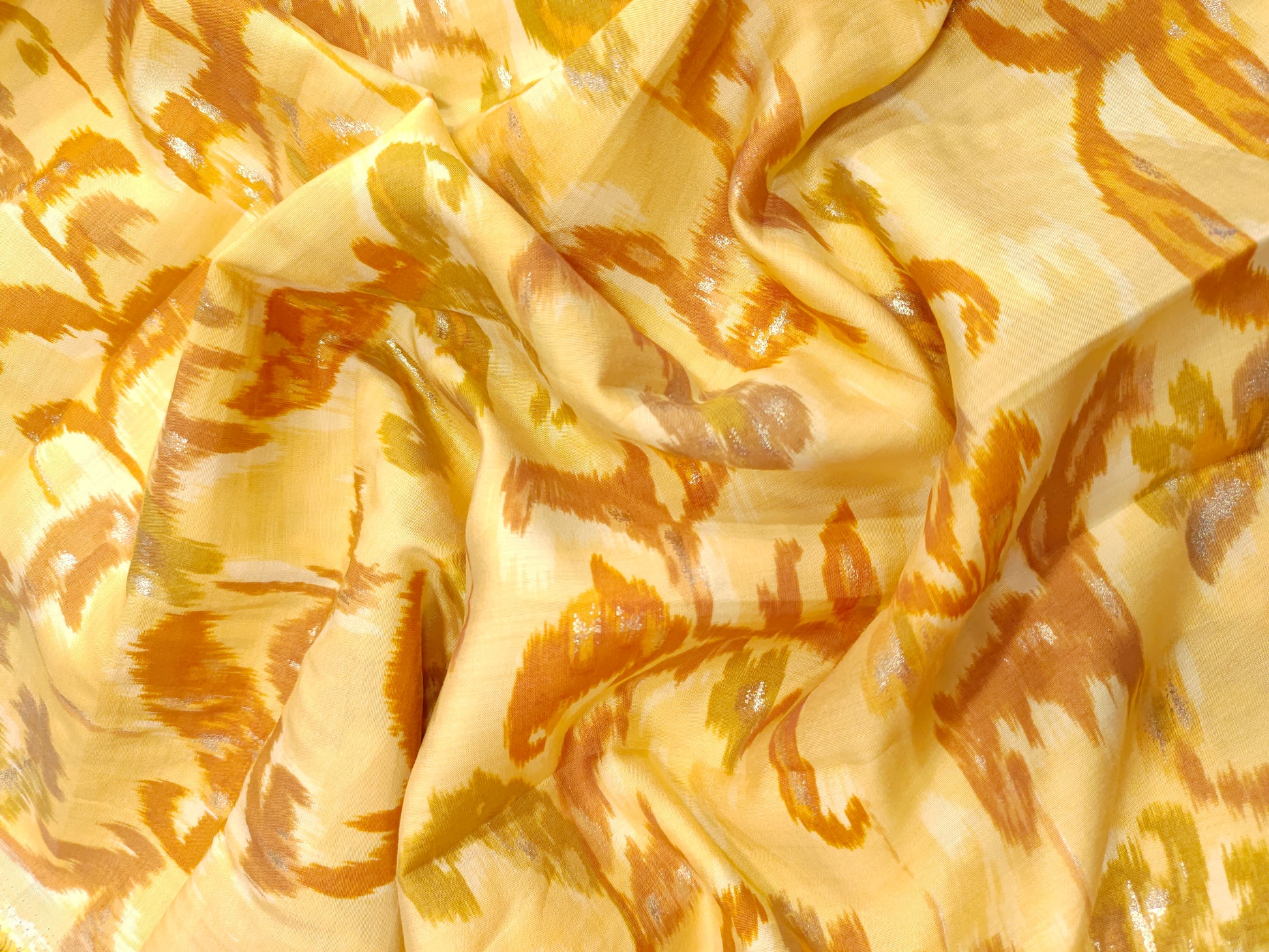 Light mustard muslin fabric with mustard and gold digital print