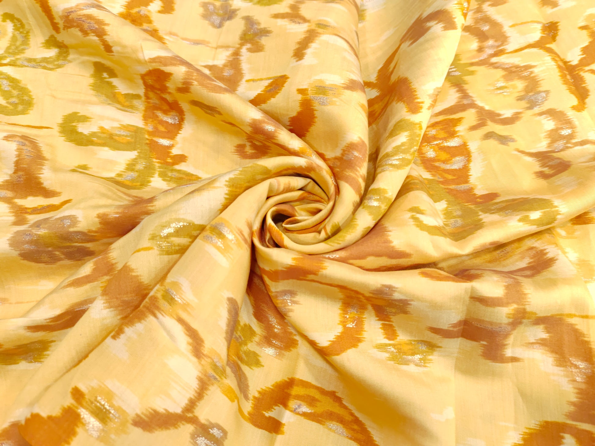 Light mustard muslin fabric with mustard and gold digital print