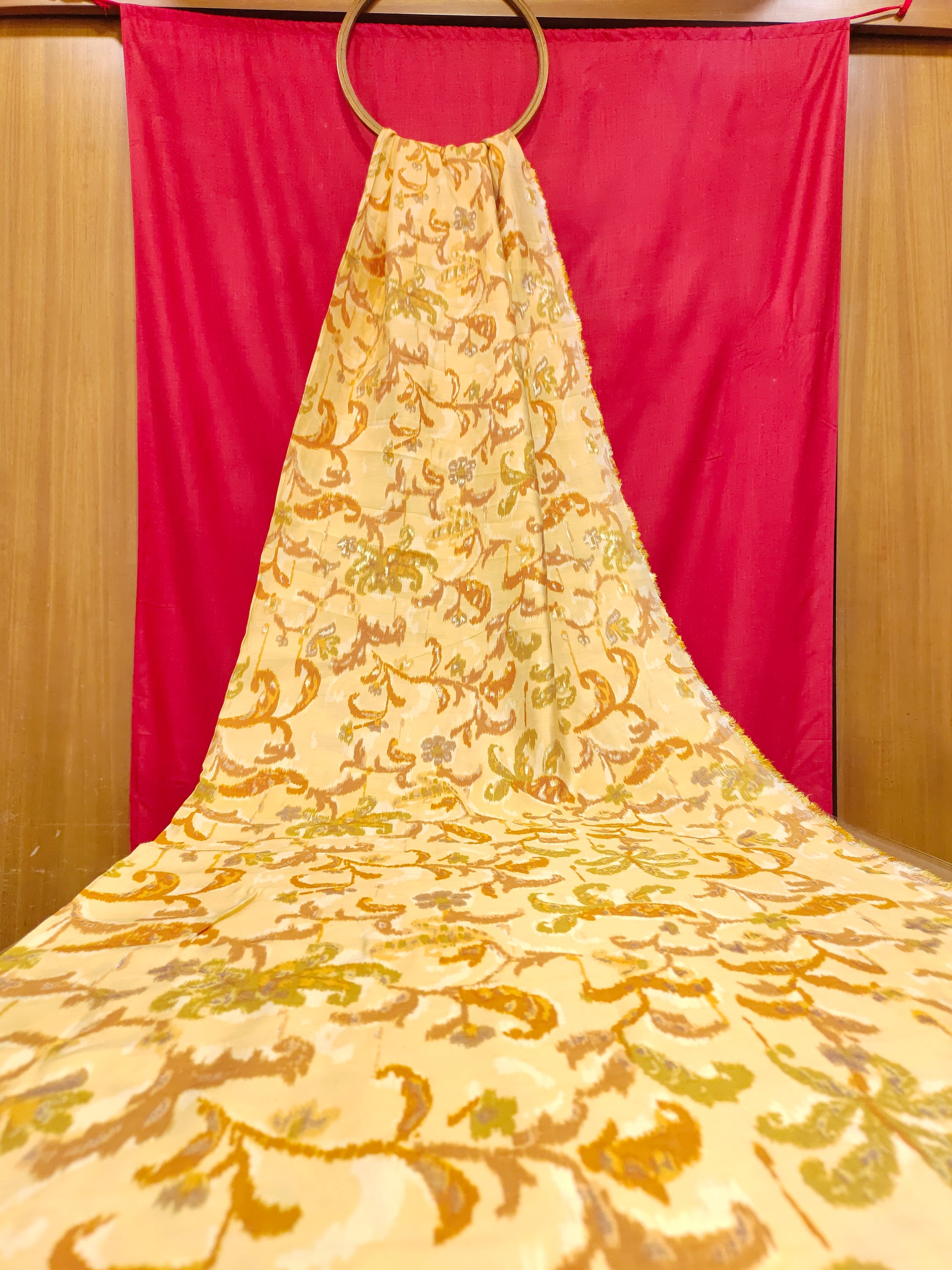 Light mustard muslin fabric with mustard and gold digital print
