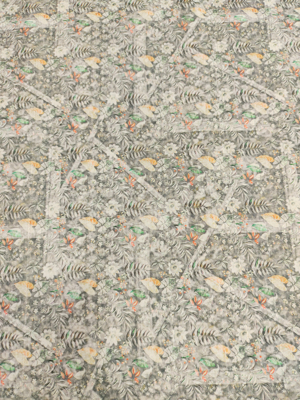 Grey mysore silk fabric with orange and green digital print