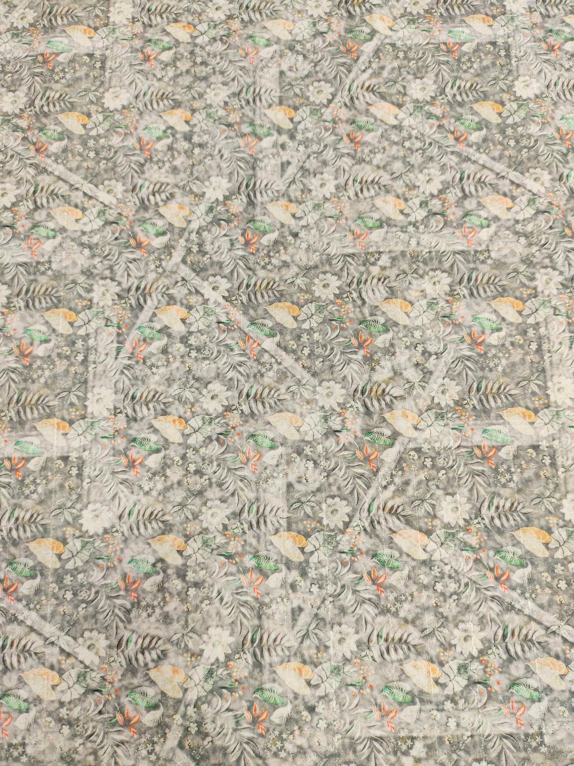 Grey mysore silk fabric with orange and green digital print