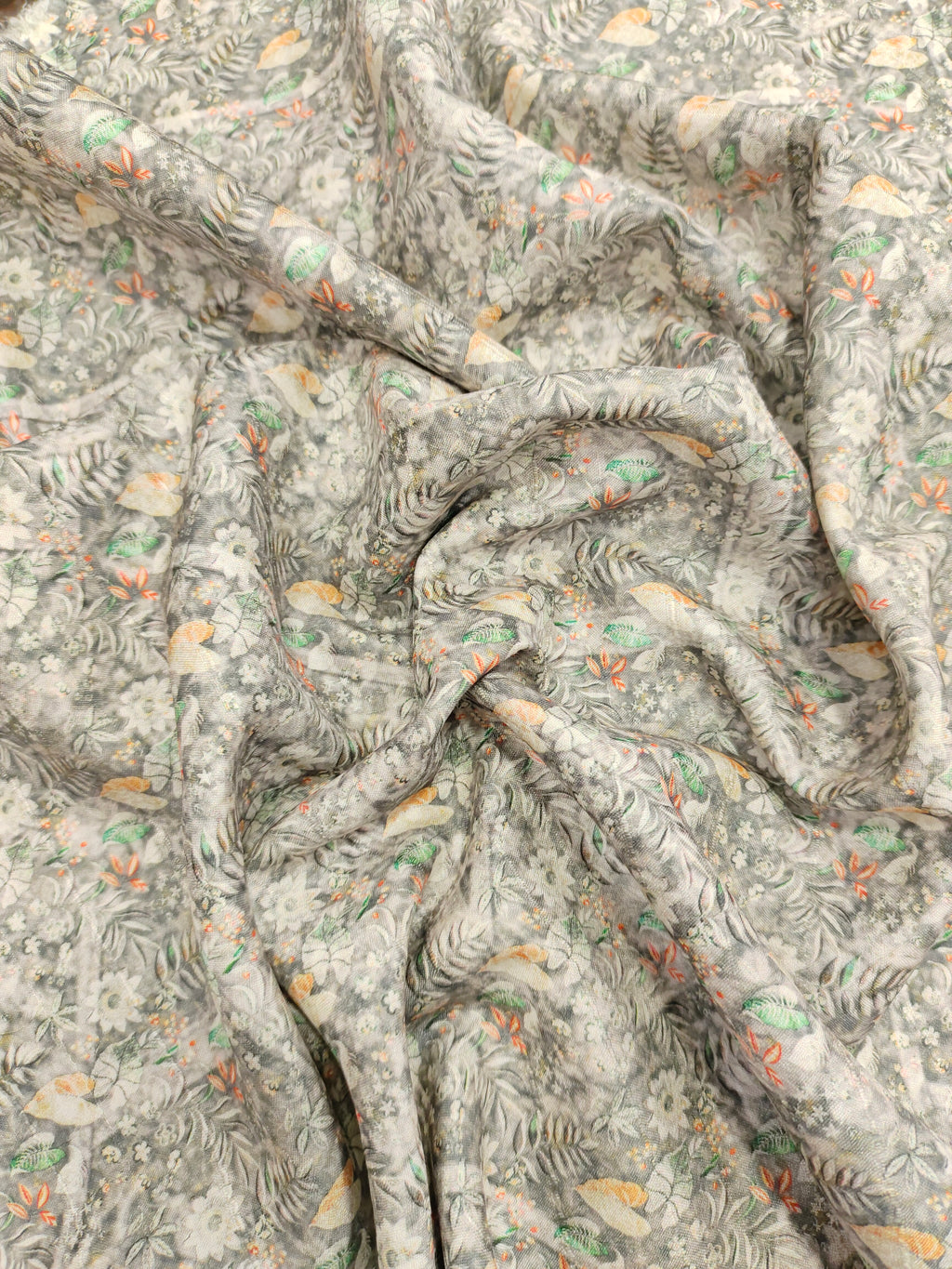 Grey mysore silk fabric with orange and green digital print