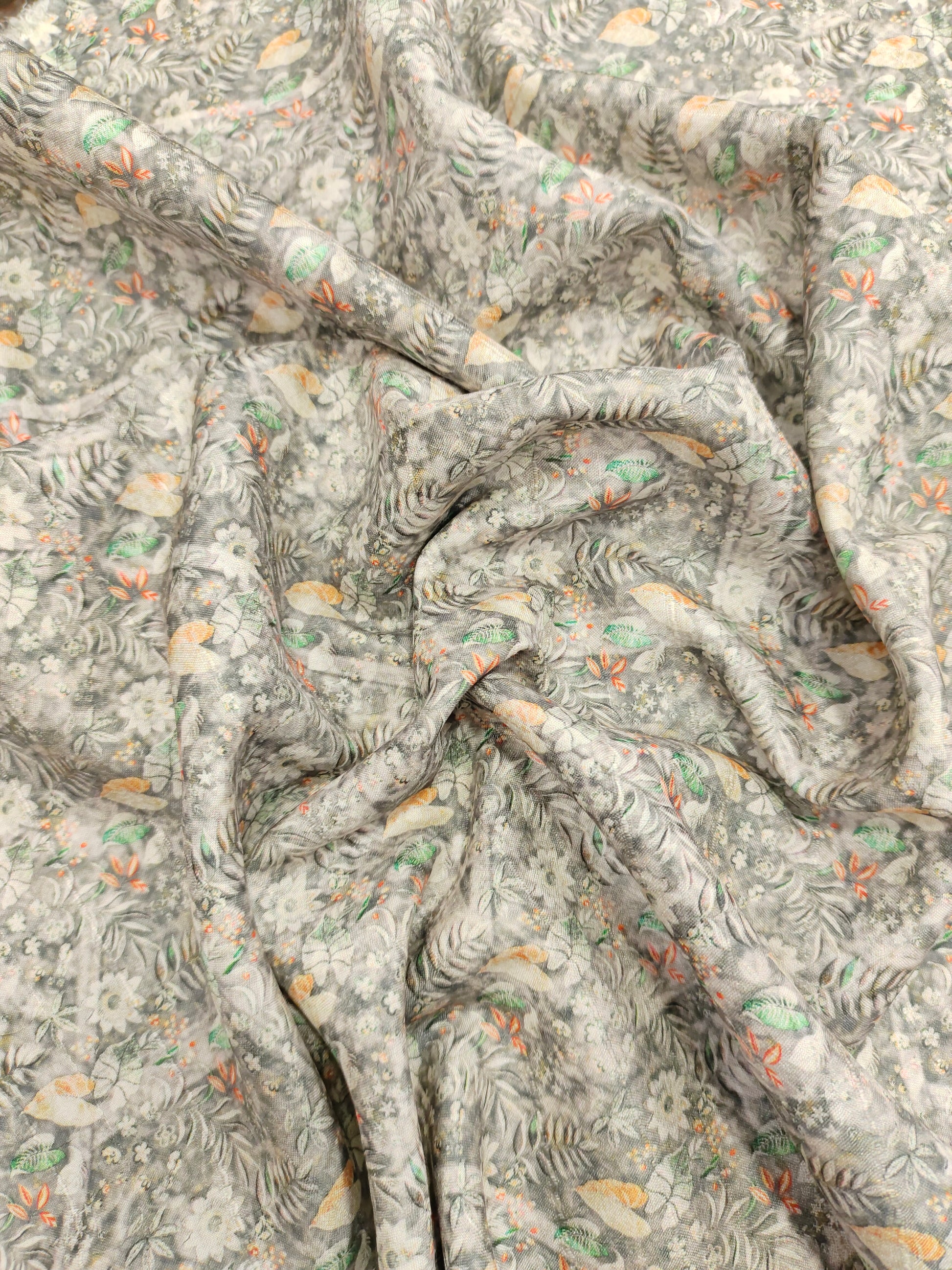 Grey mysore silk fabric with orange and green digital print