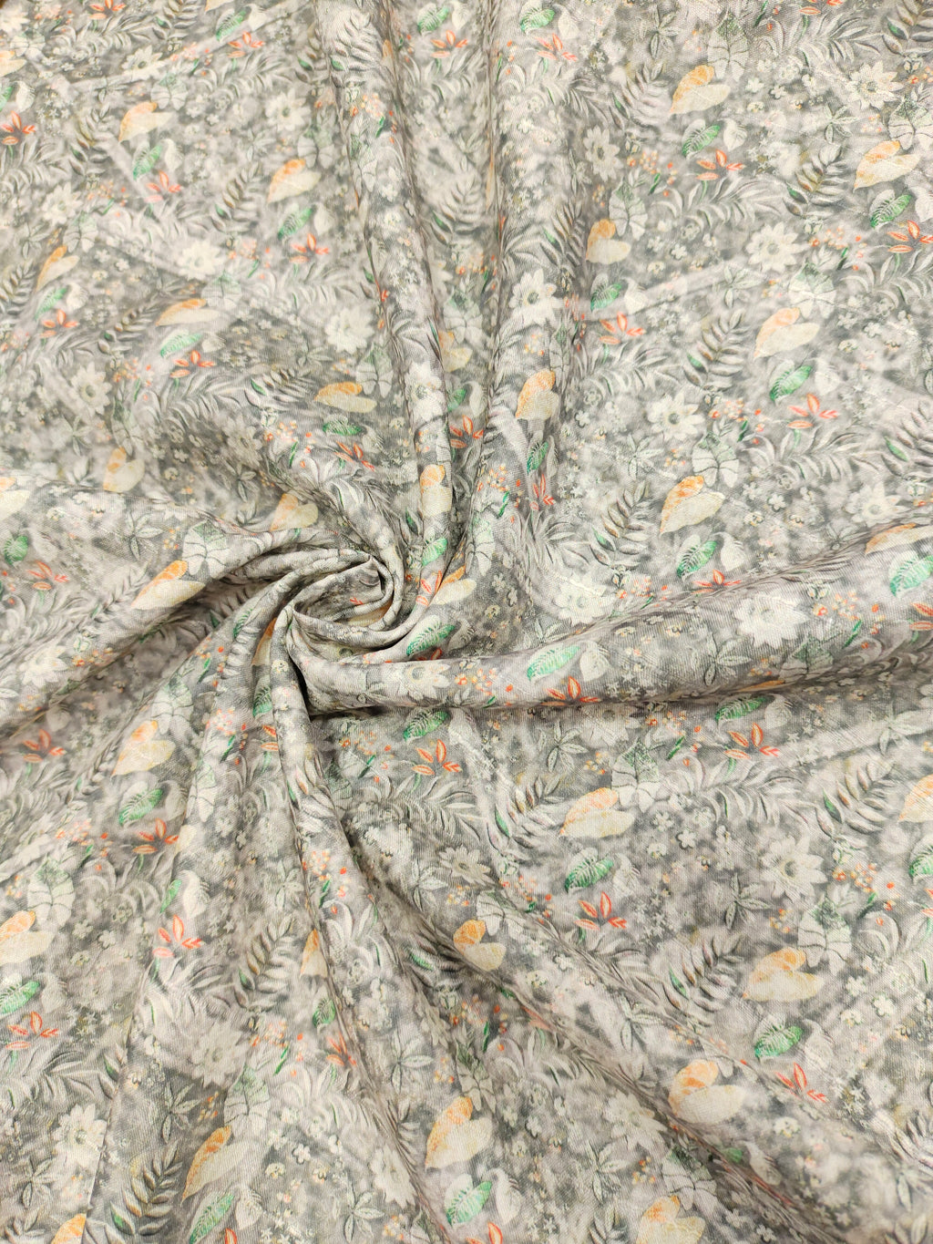 Grey mysore silk fabric with orange and green digital print