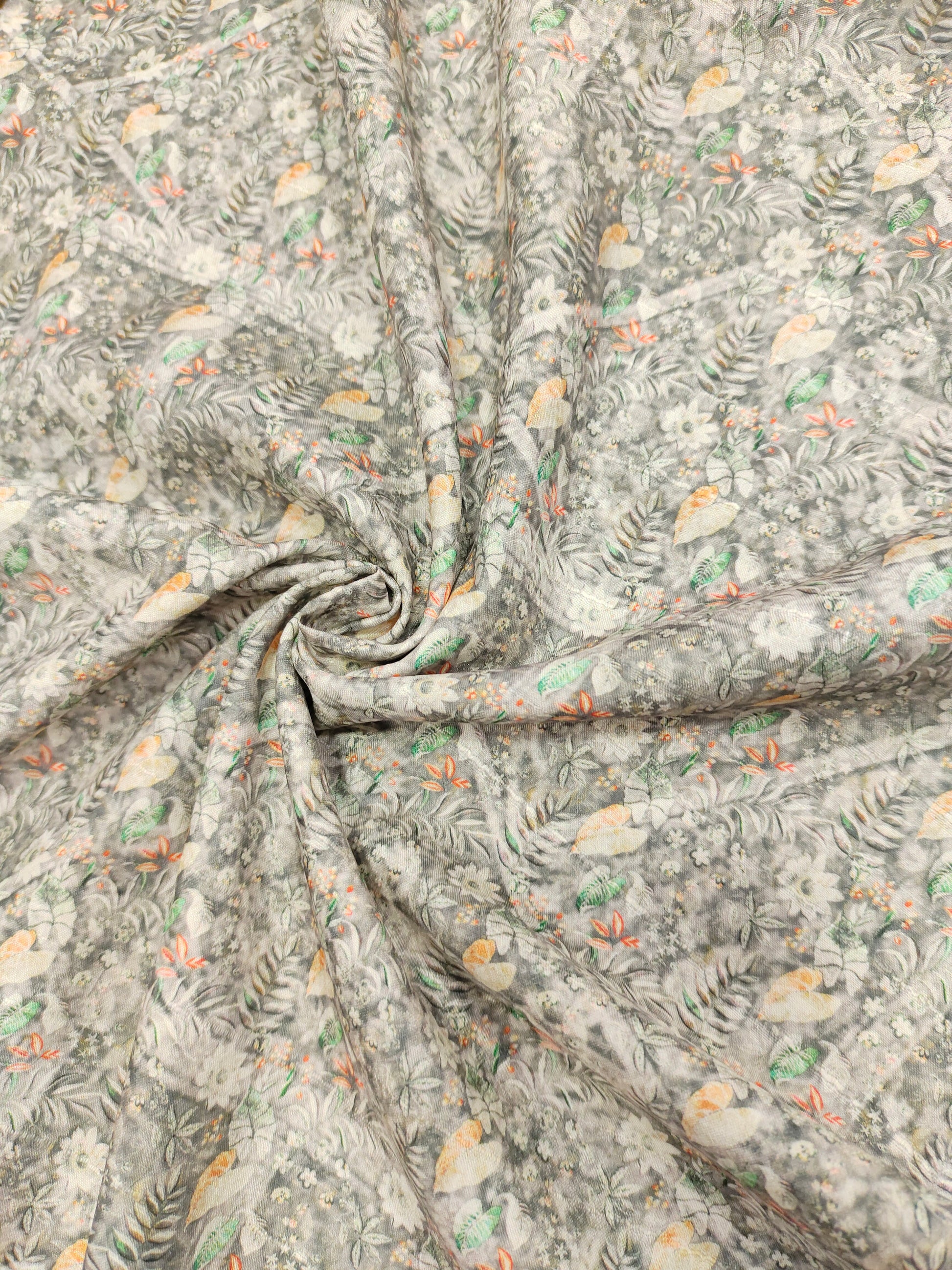 Grey mysore silk fabric with orange and green digital print
