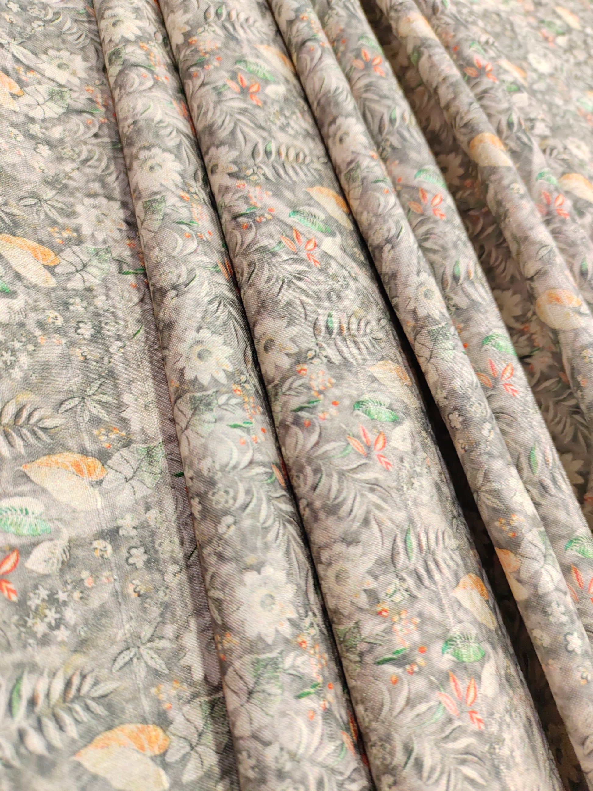 Grey mysore silk fabric with orange and green digital print