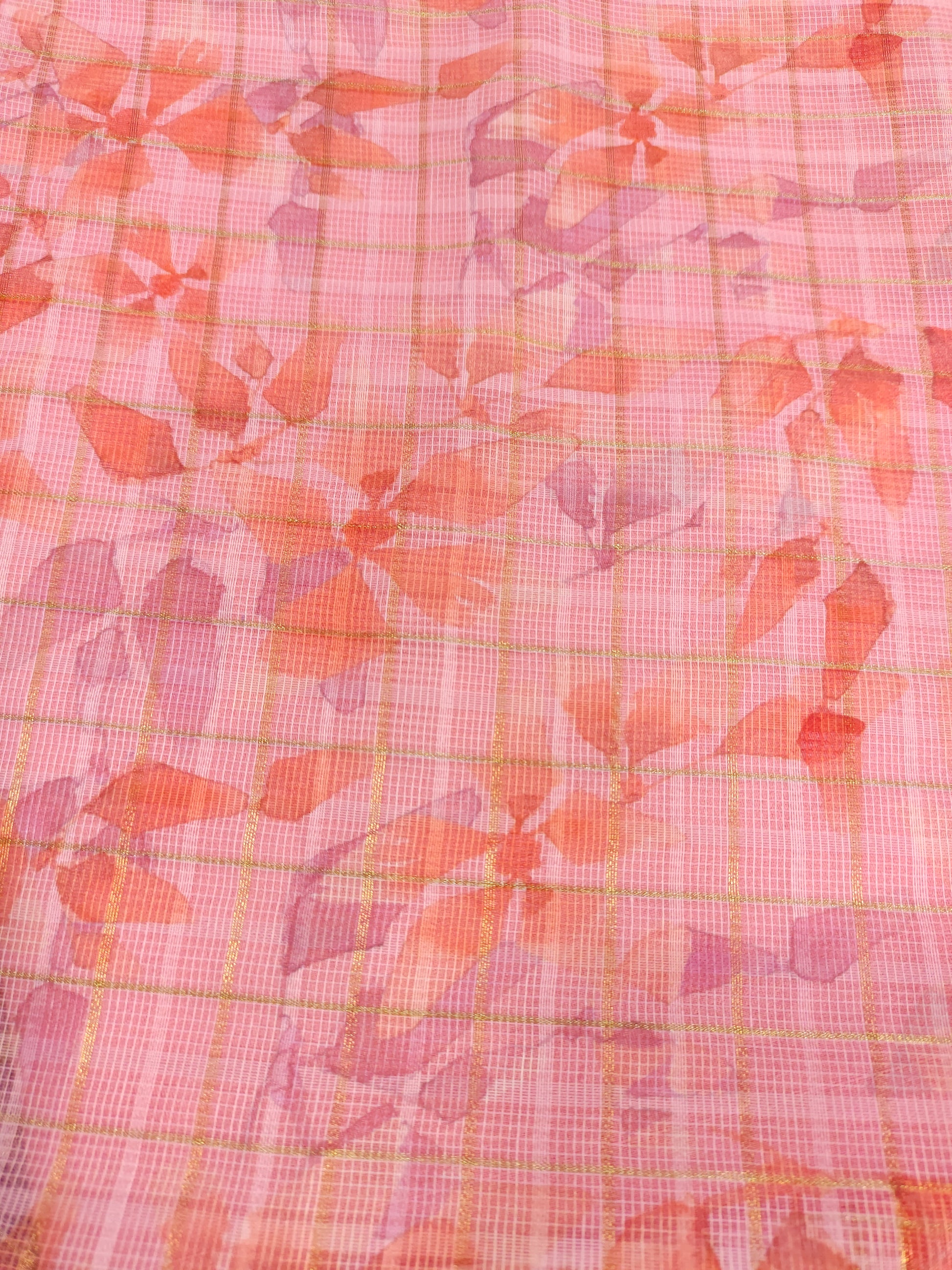 kota cotton fabric with digital print and stripes of gold jari