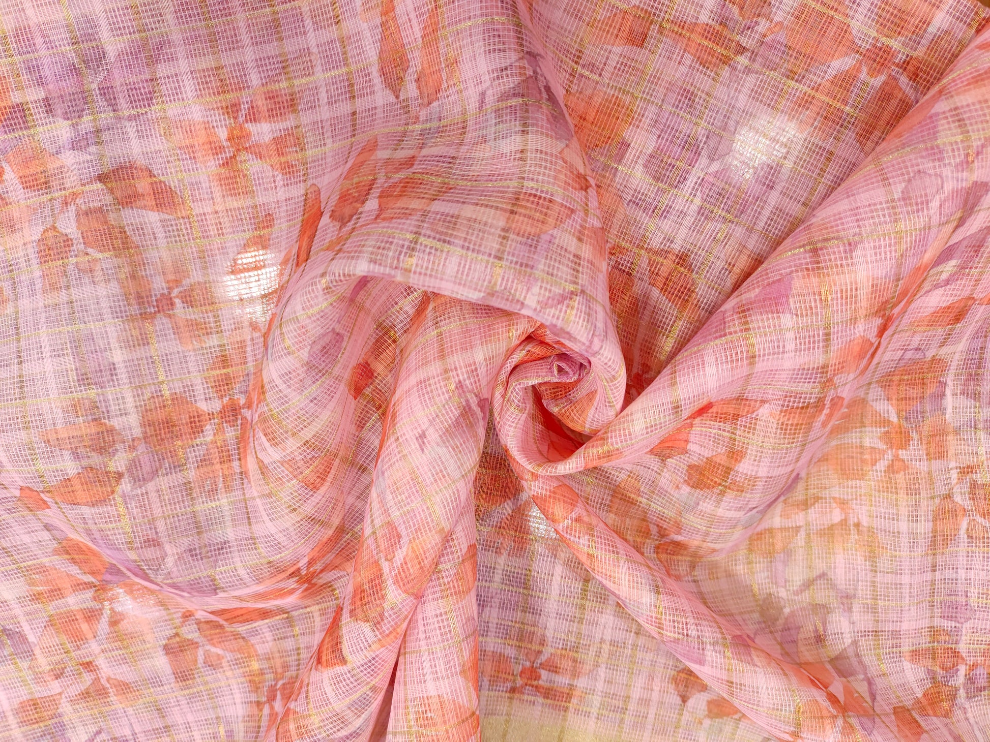 kota cotton fabric with digital print and stripes of gold jari