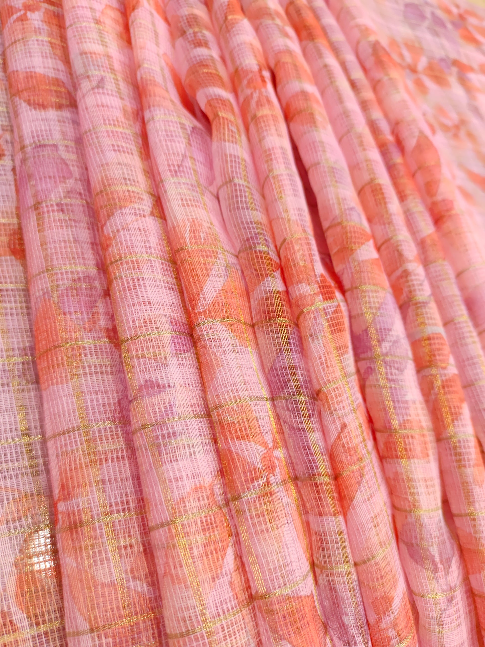 kota cotton fabric with digital print and stripes of gold jari