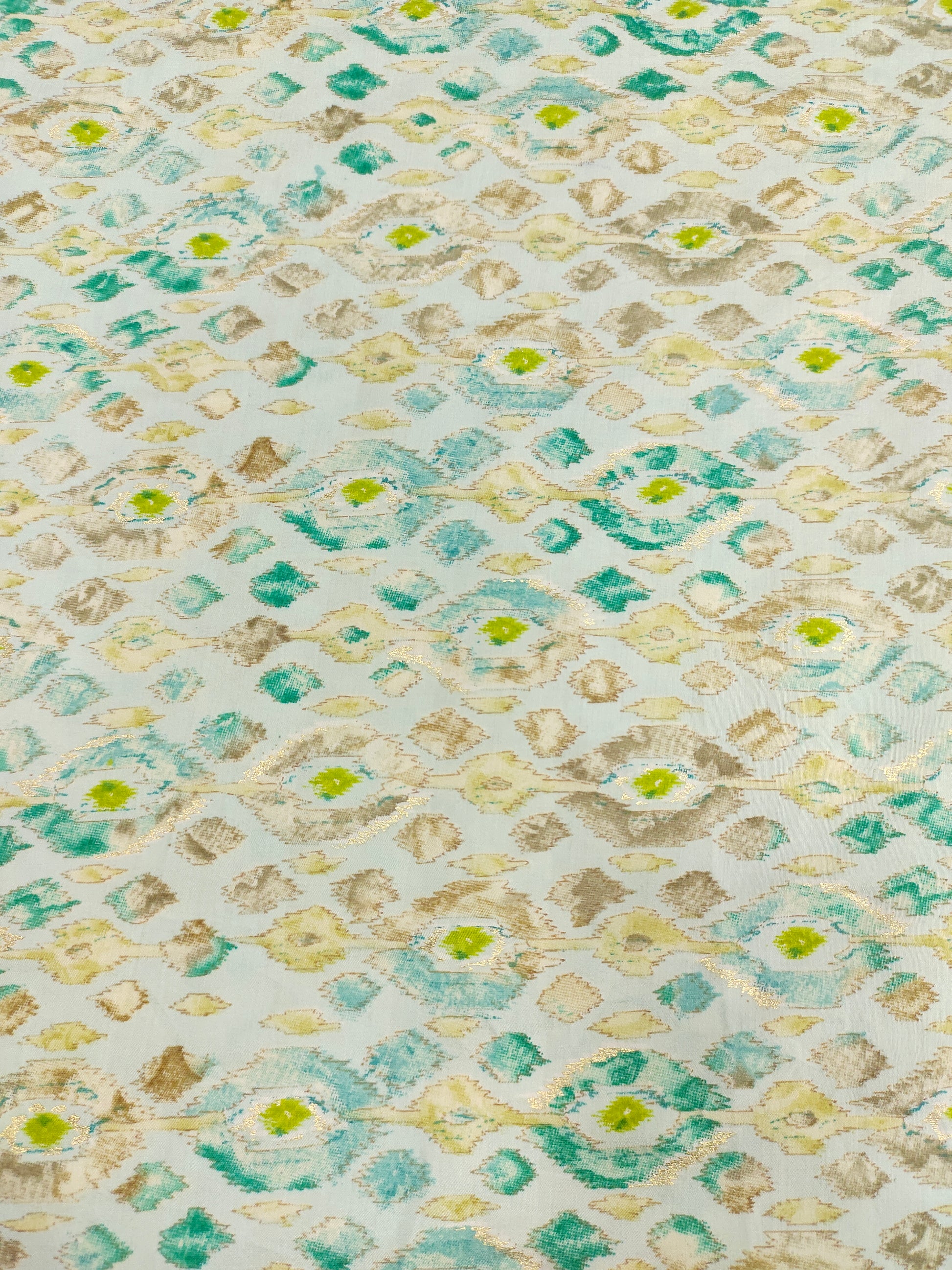 Offwhite muslin fabric with blue and gold digital print