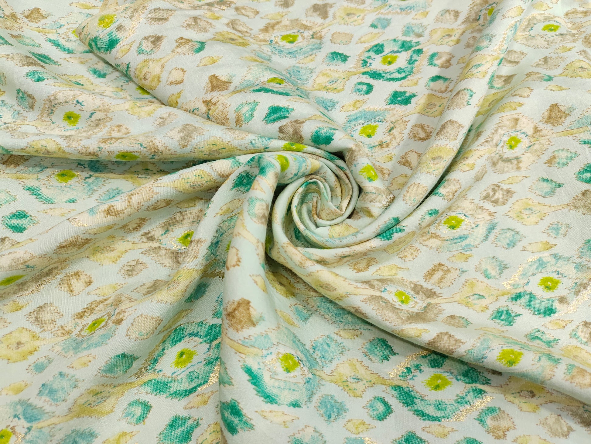 Offwhite muslin fabric with blue and gold digital print