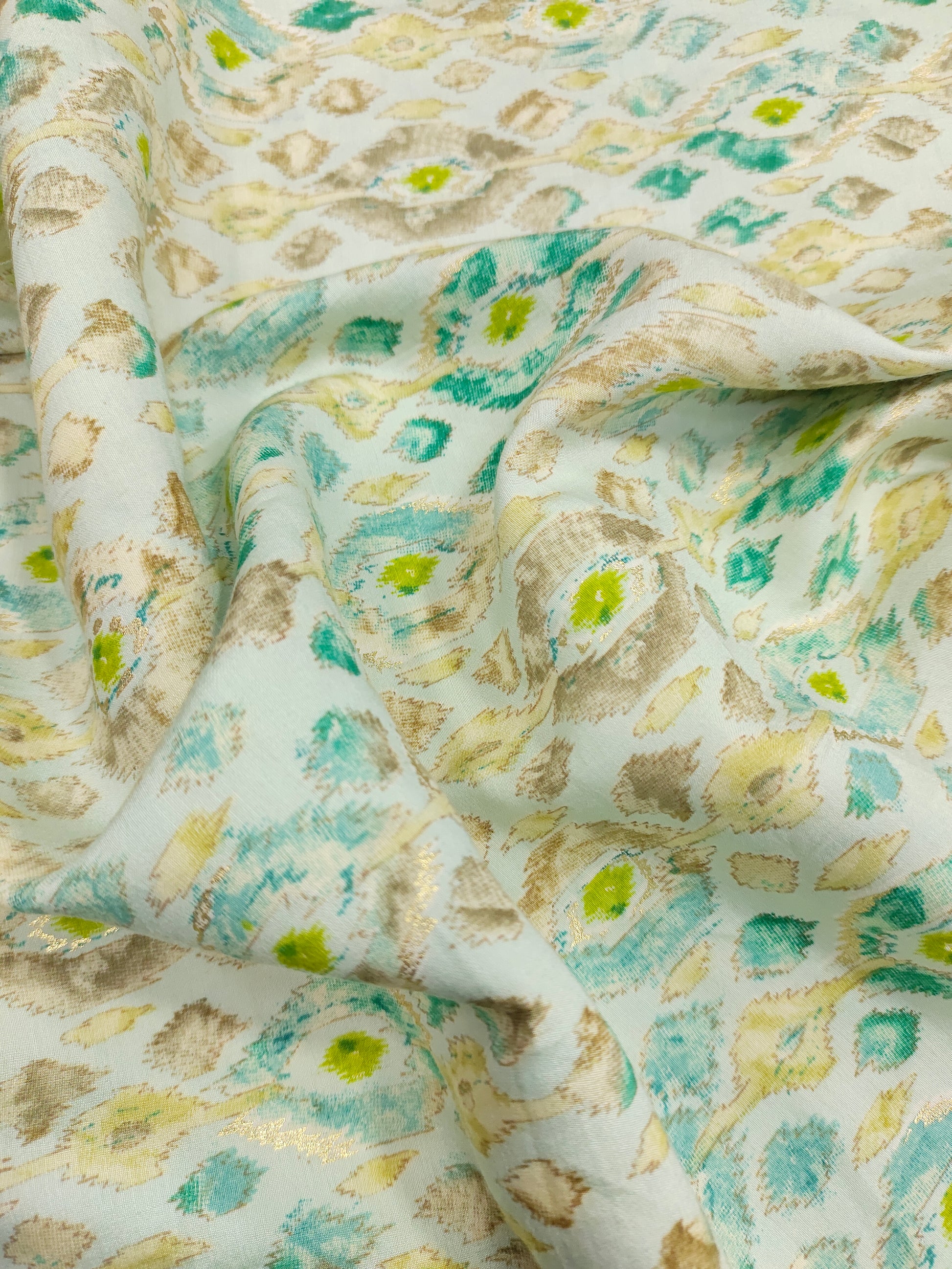 Offwhite muslin fabric with blue and gold digital print