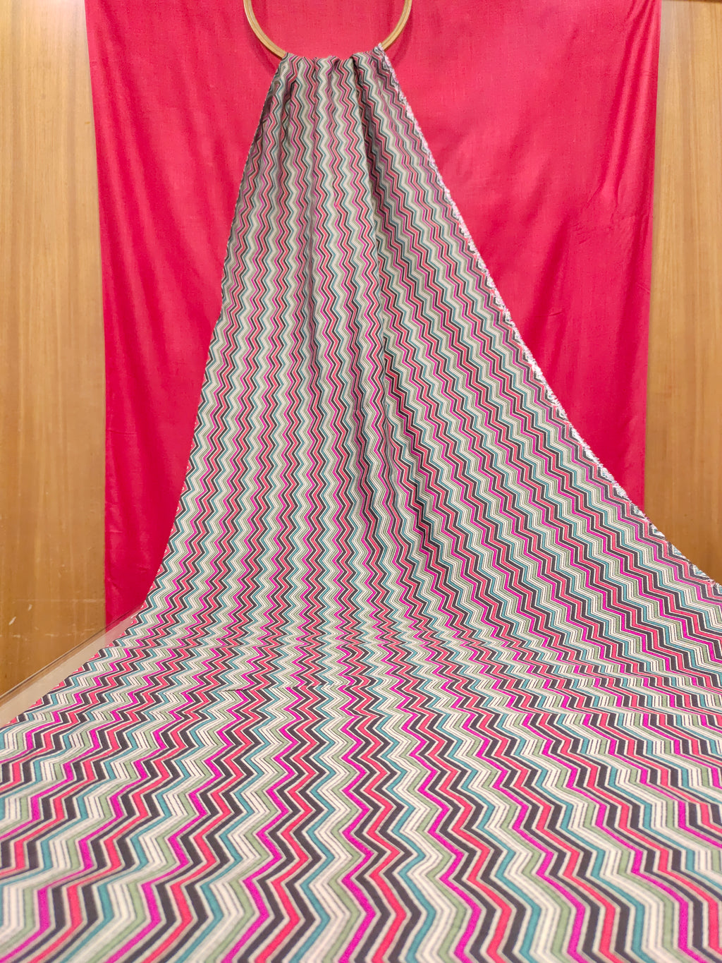 Muslin rickrack print with pink and green