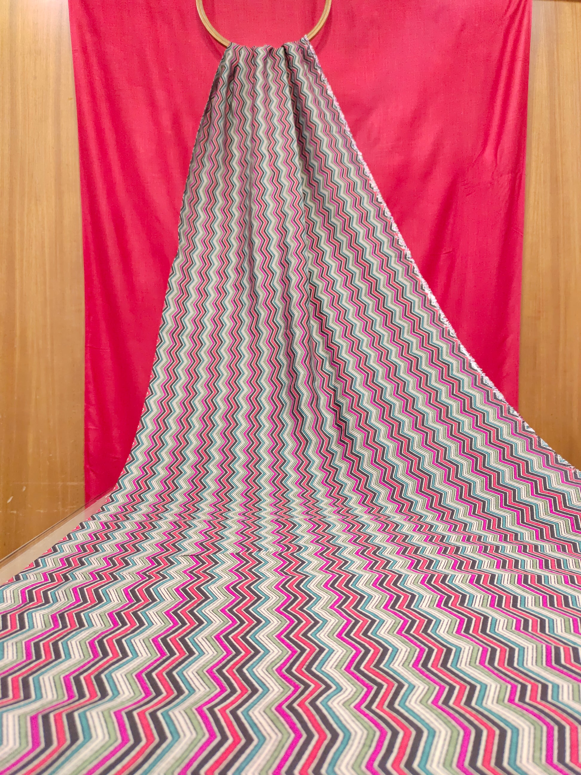 Muslin rickrack print with pink and green
