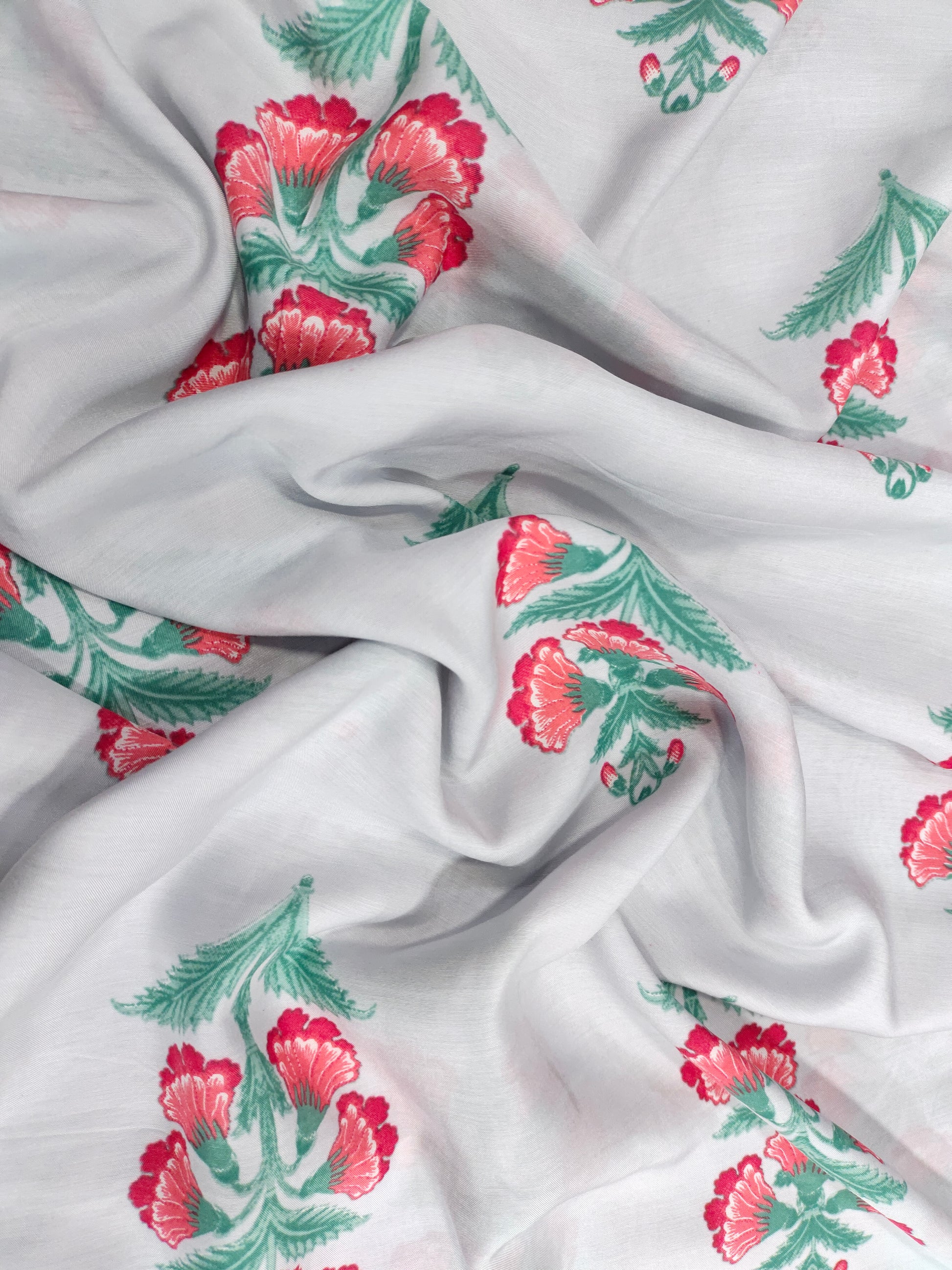 Grey cotton silk fabric with red and green digital print