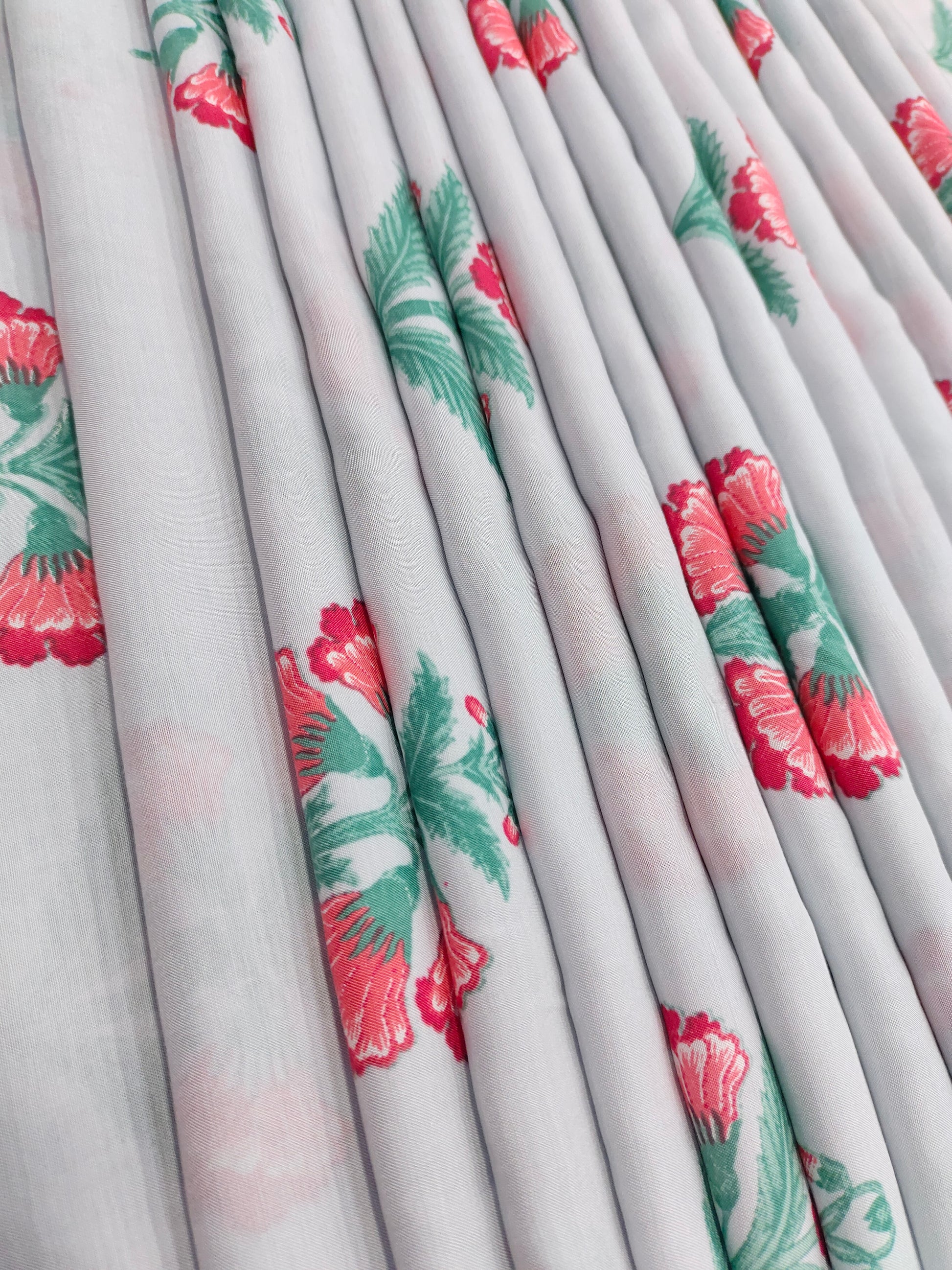 Grey cotton silk fabric with red and green digital print