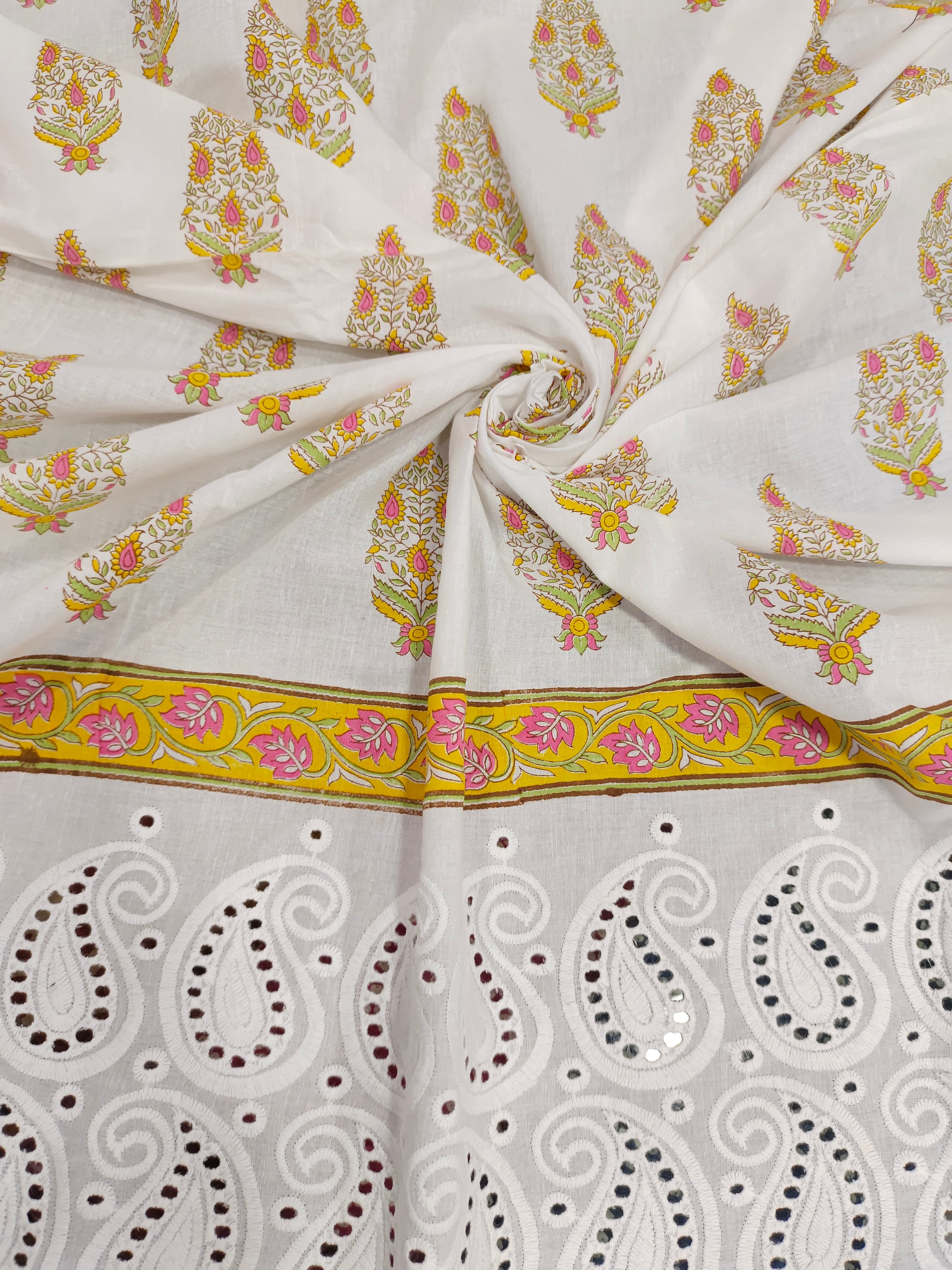 White daman cutwork border with yellow print