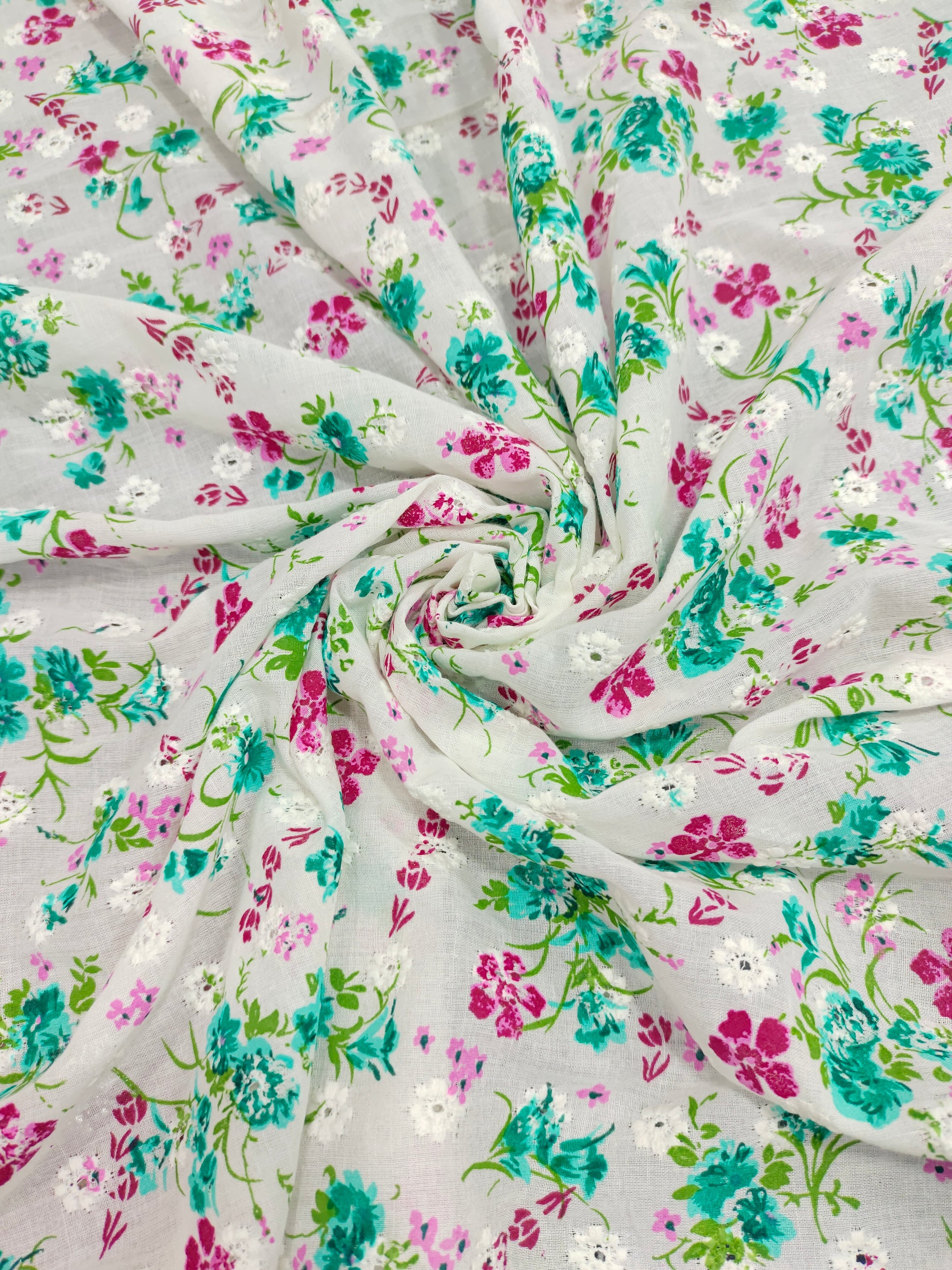 Offwhite embroidered fabric with green and pink print