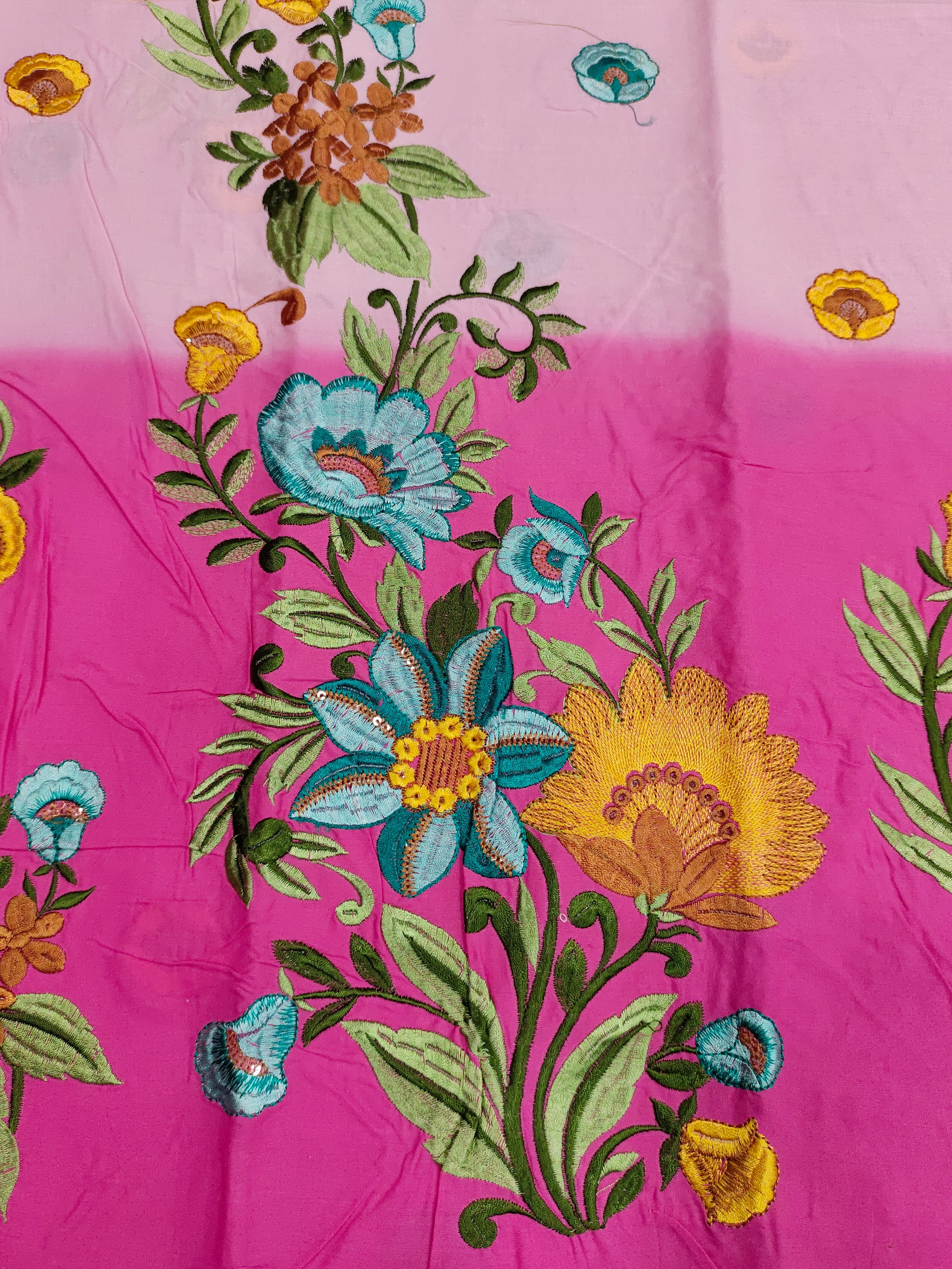 Shaded cotton fabric with multicolor floral embroidery