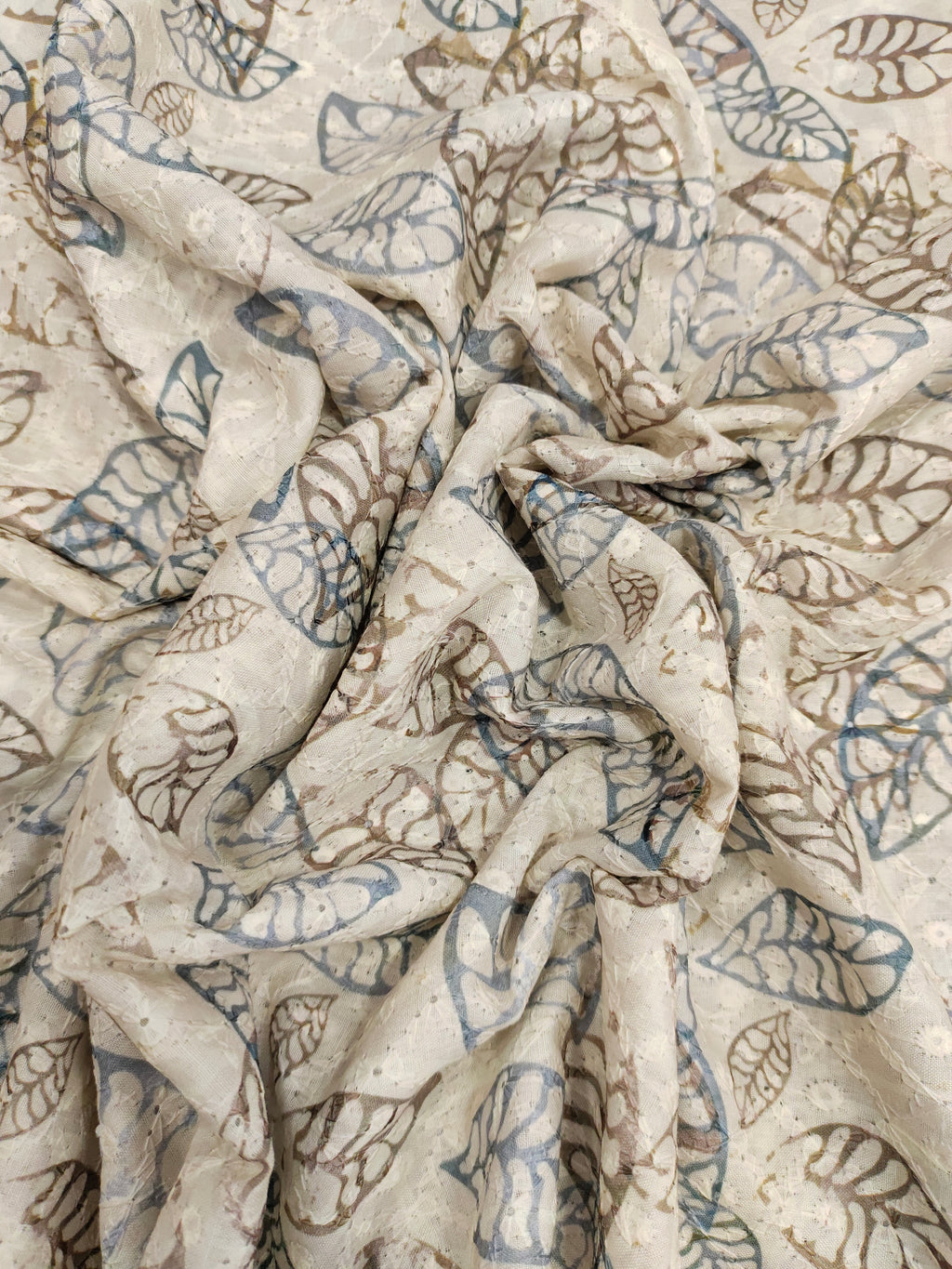Light beige chikan with digital leaves print