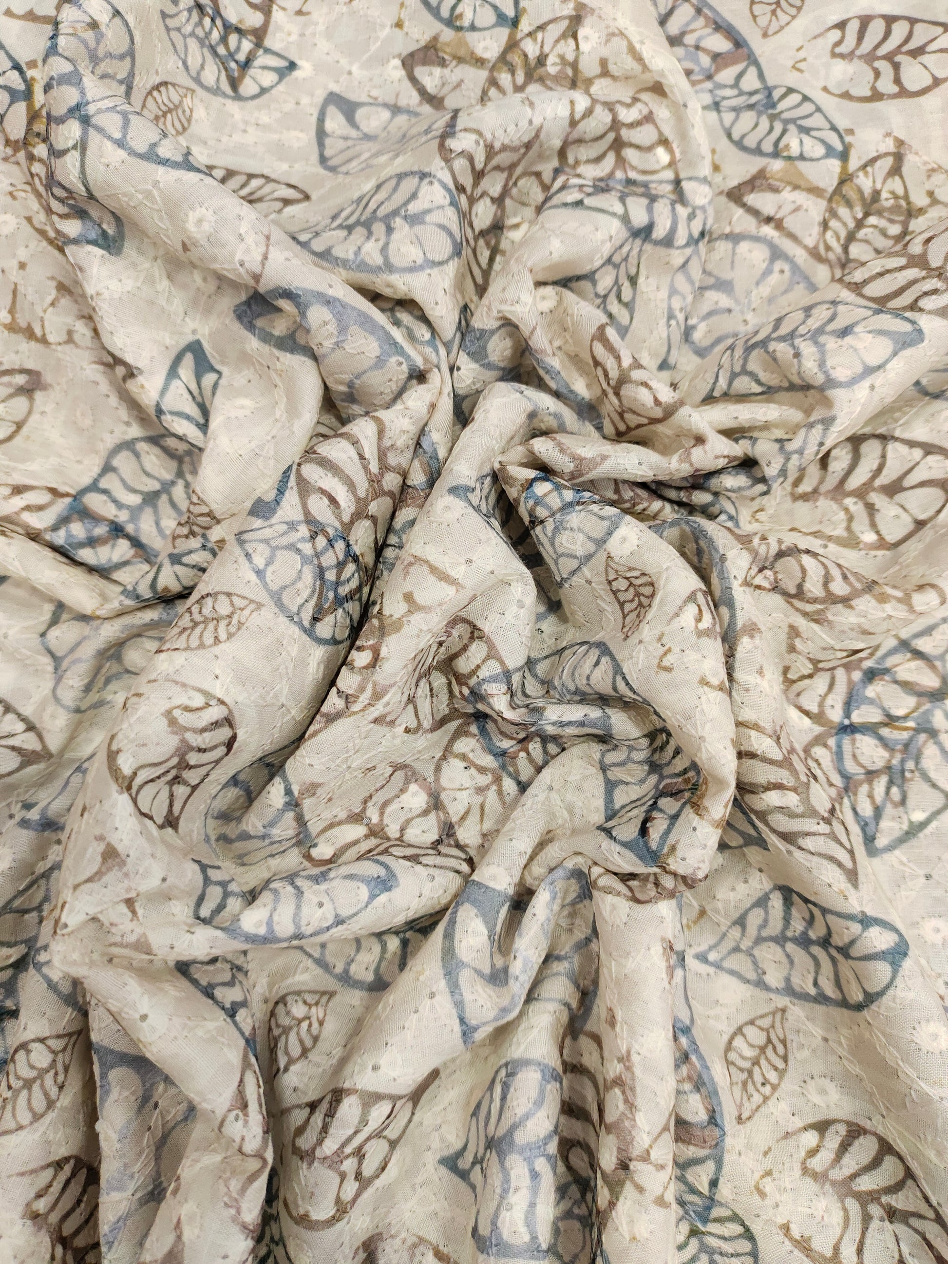 Light beige chikan with digital leaves print