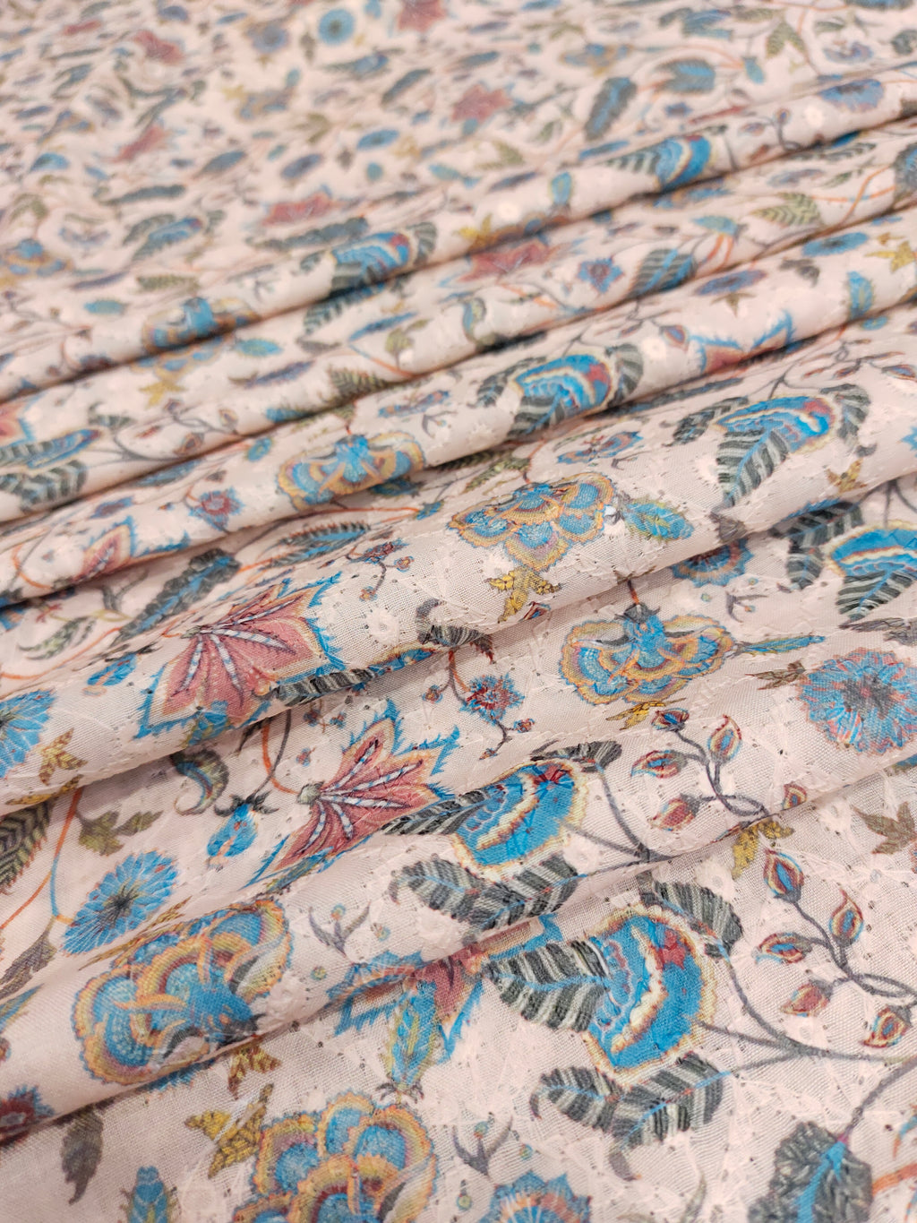 Cotton chikan with digital print with blue color highlights