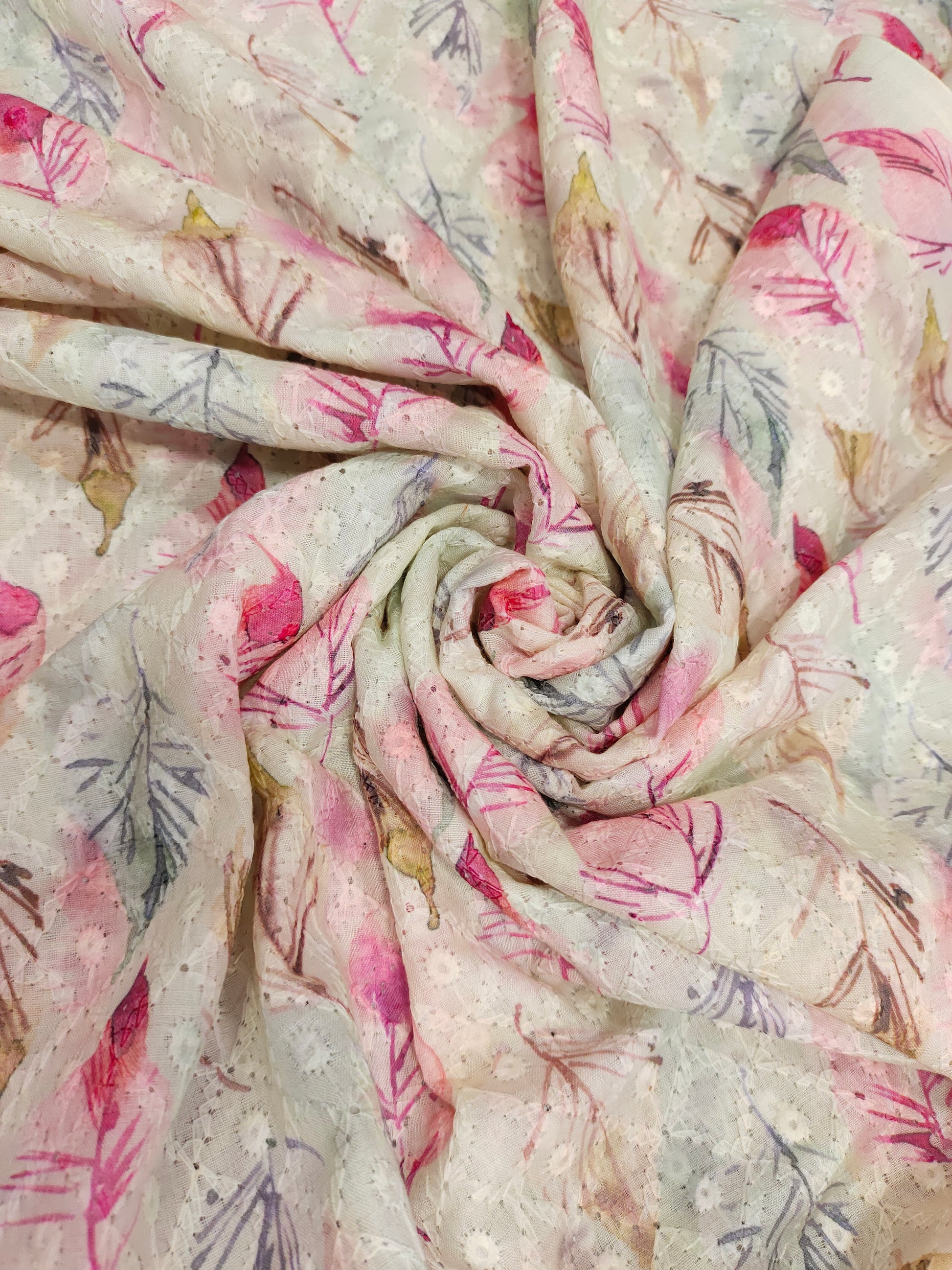 Cotton chikan with shaded leaves digital print