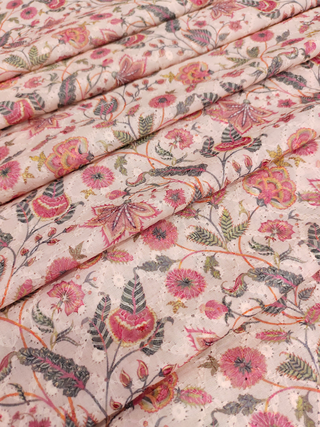 Cotton chikan with digital print with tomota color highlights