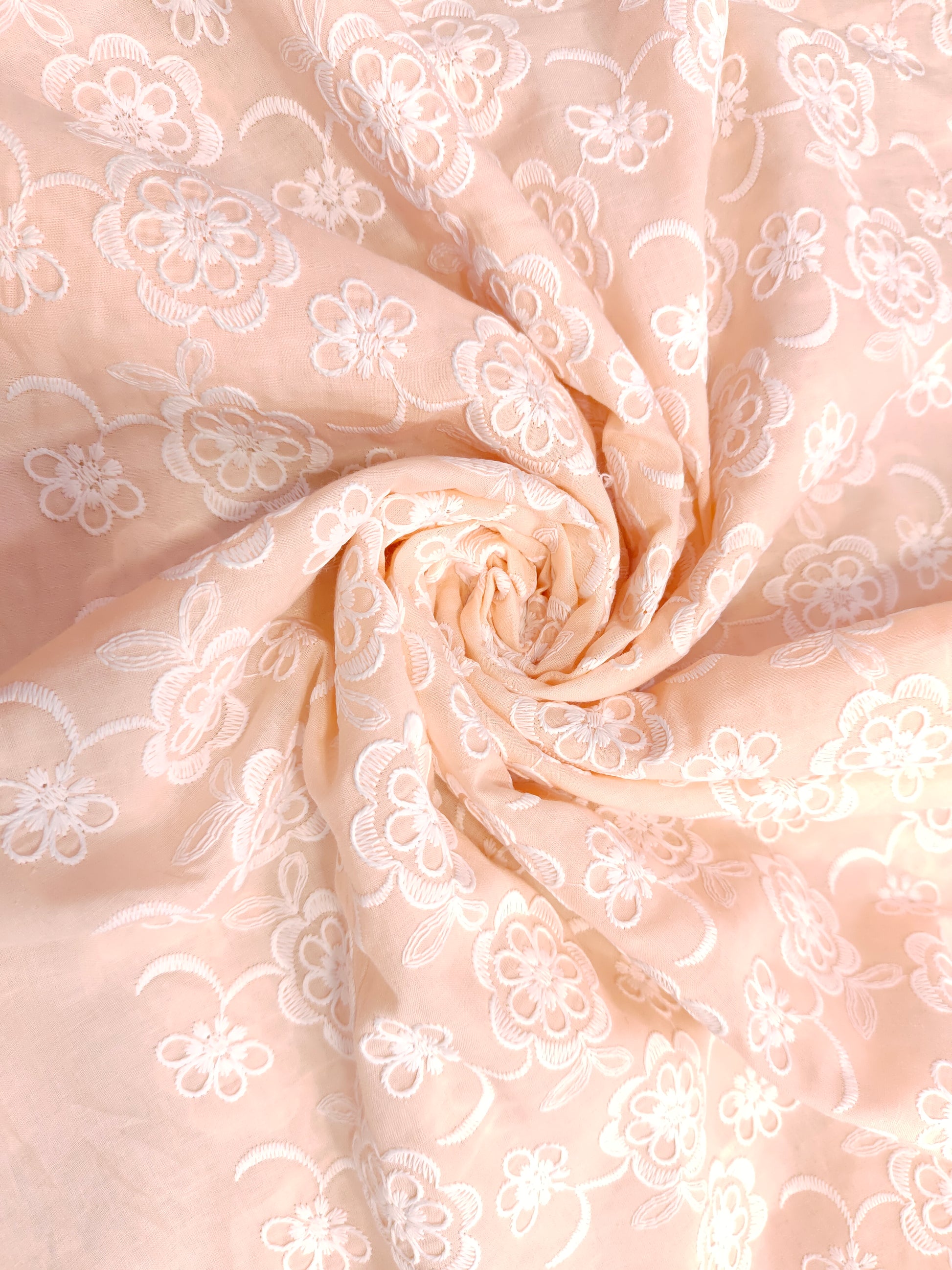 Peach cotton chikan with white floral embroidery