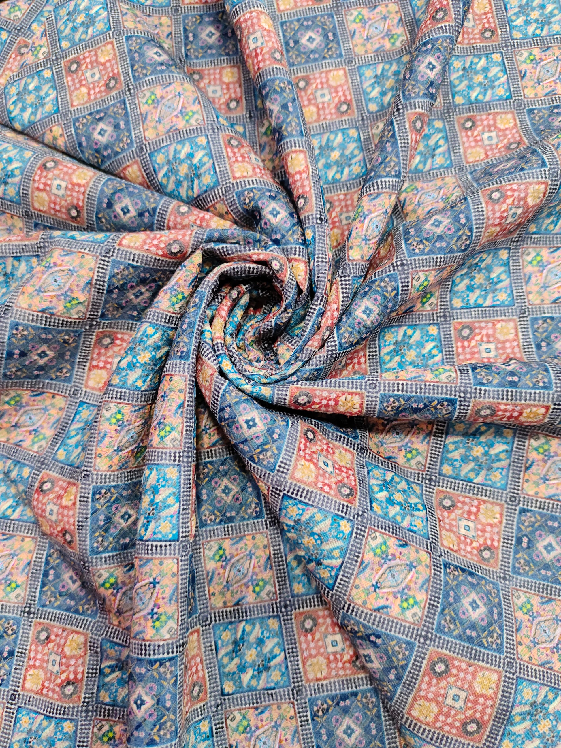 Digital print embroidered fabric
