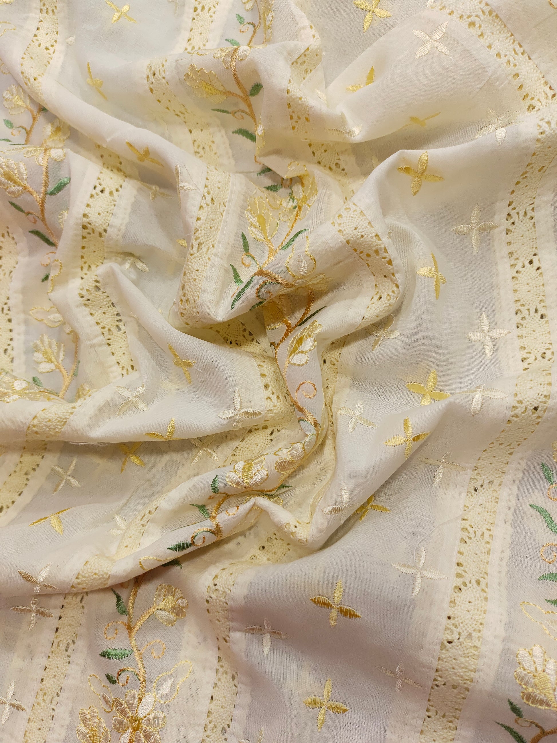 Cream  fabric with baech embroidery and  crochet lace
