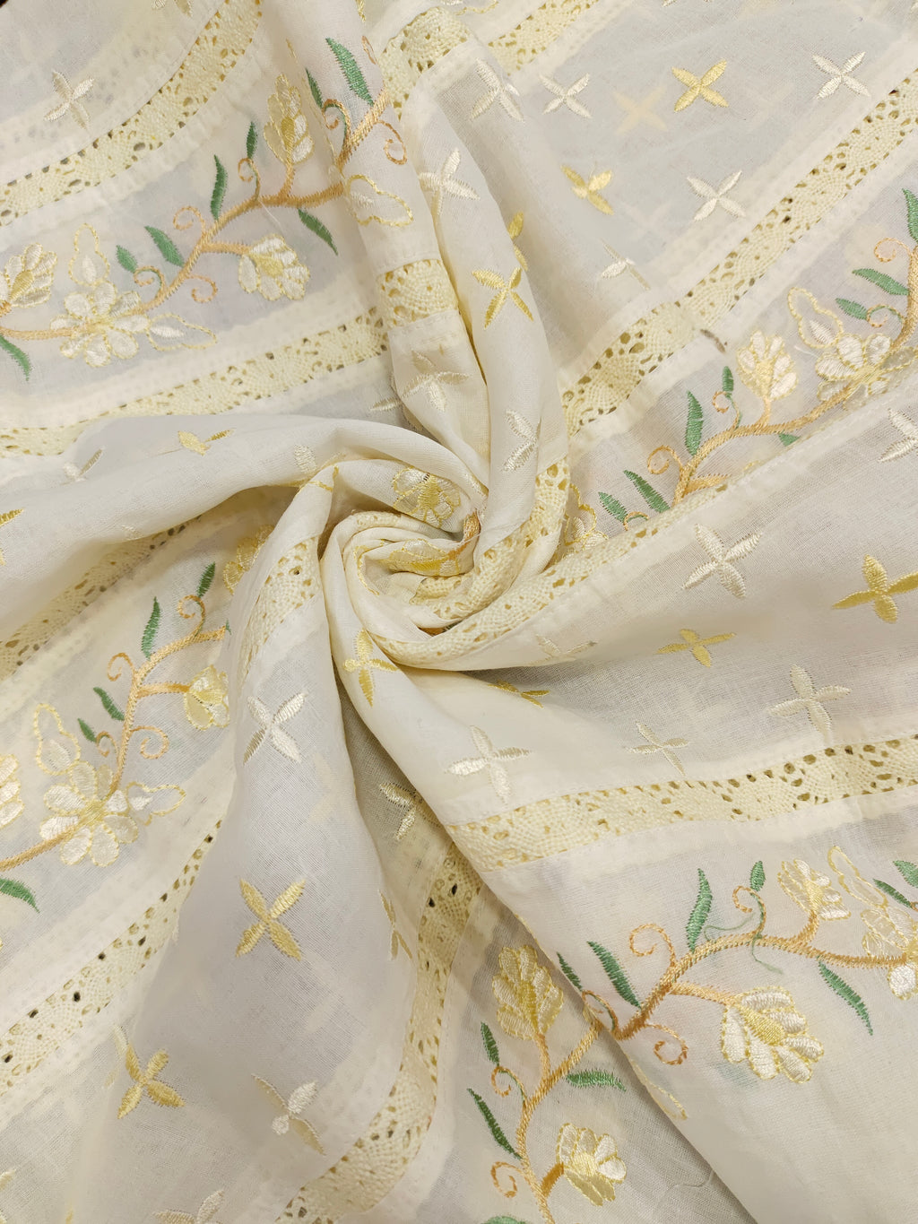 Cream  fabric with baech embroidery and  crochet lace