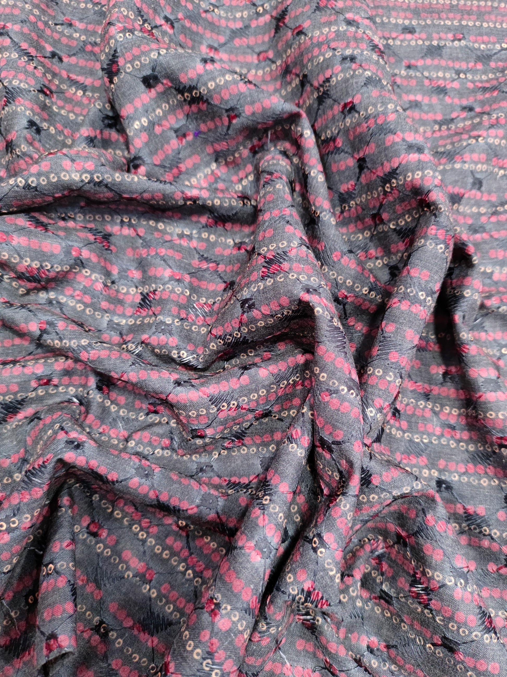 Digital print embroidered fabric with black color