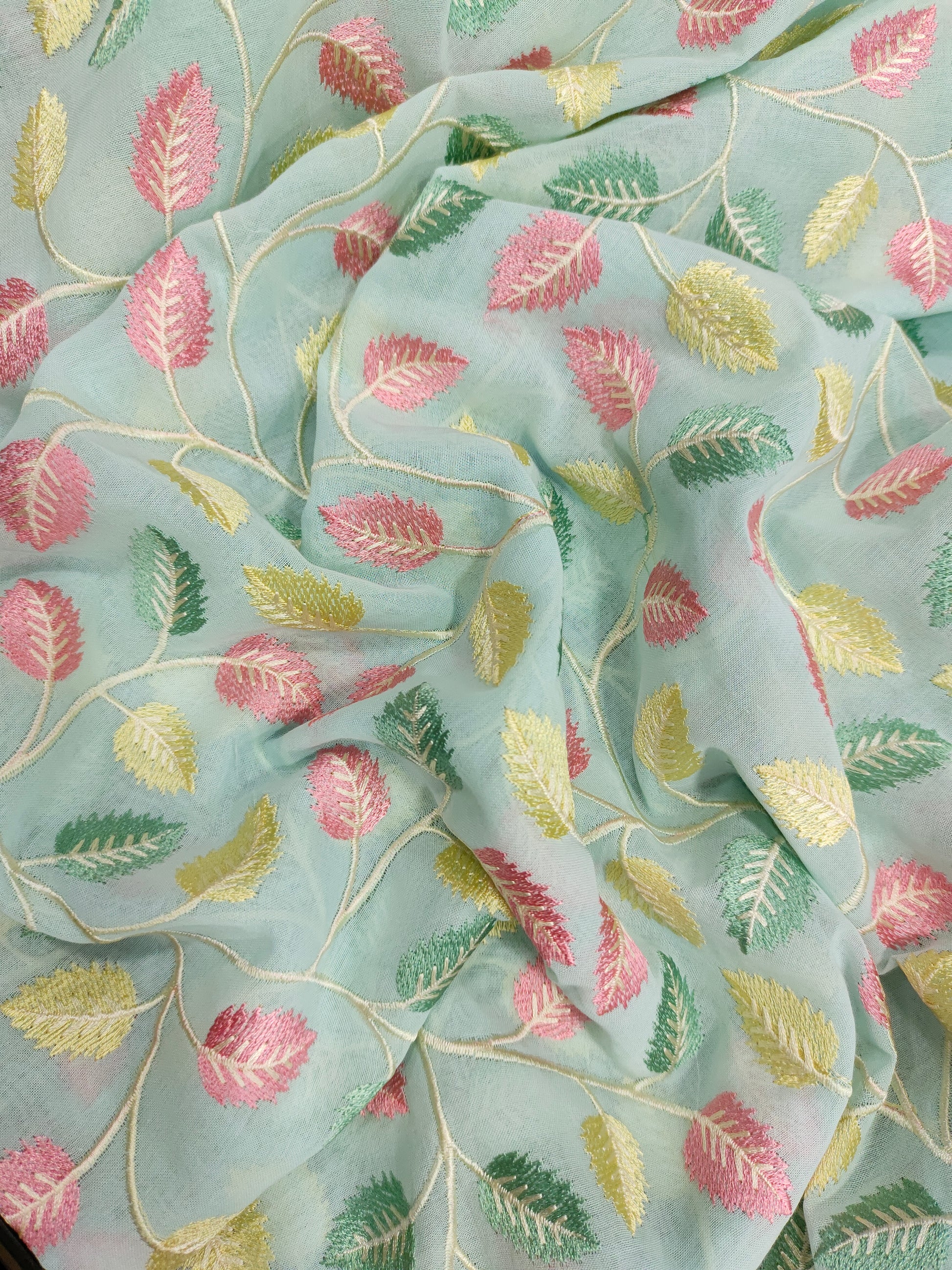 Voile fabric with blue color embroidery fabric