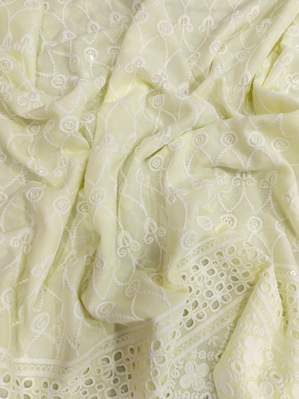 Light lemon pure cotton fabric with white cut work embroidery