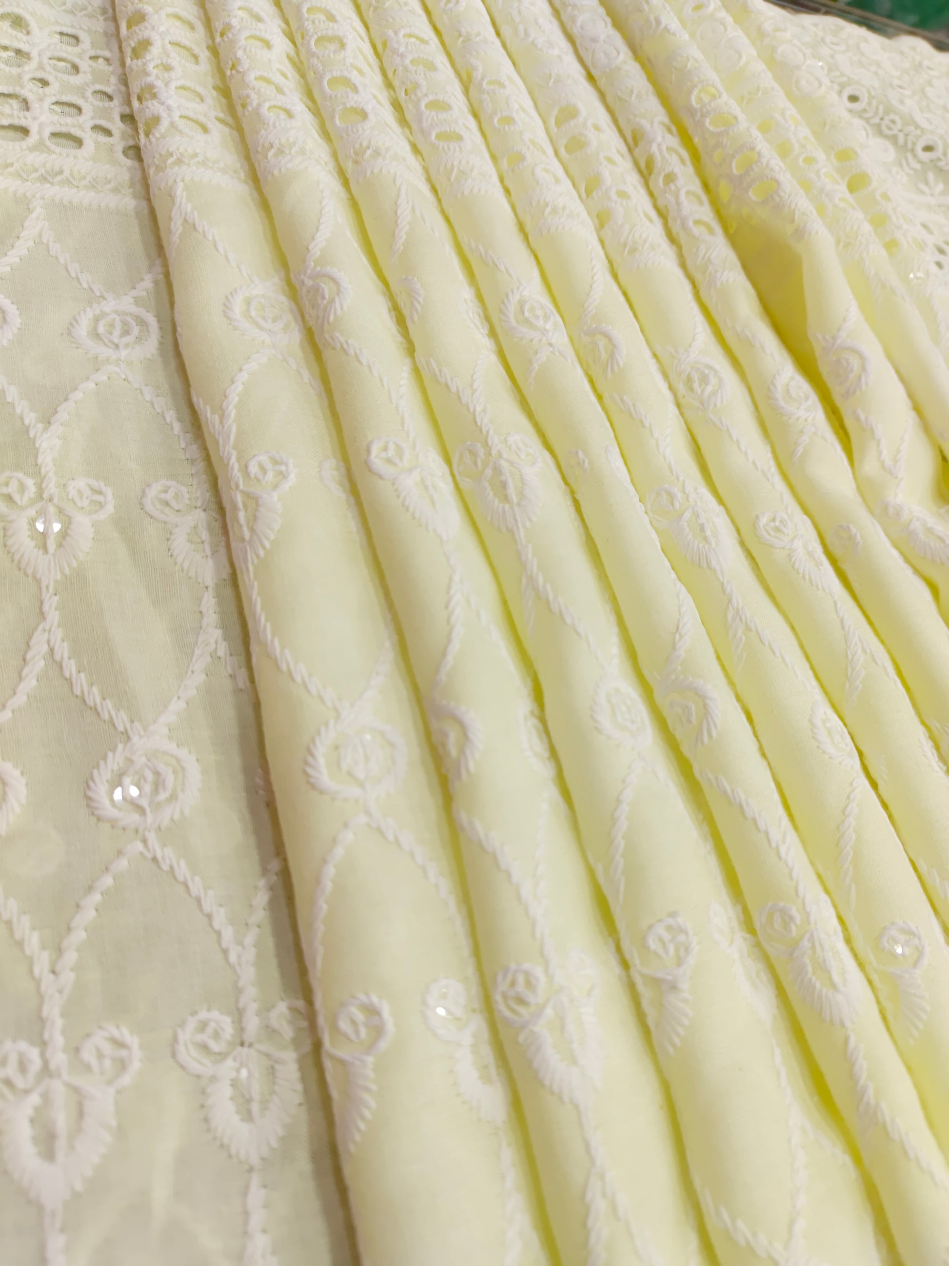 Light lemon pure cotton fabric with white cut work embroidery