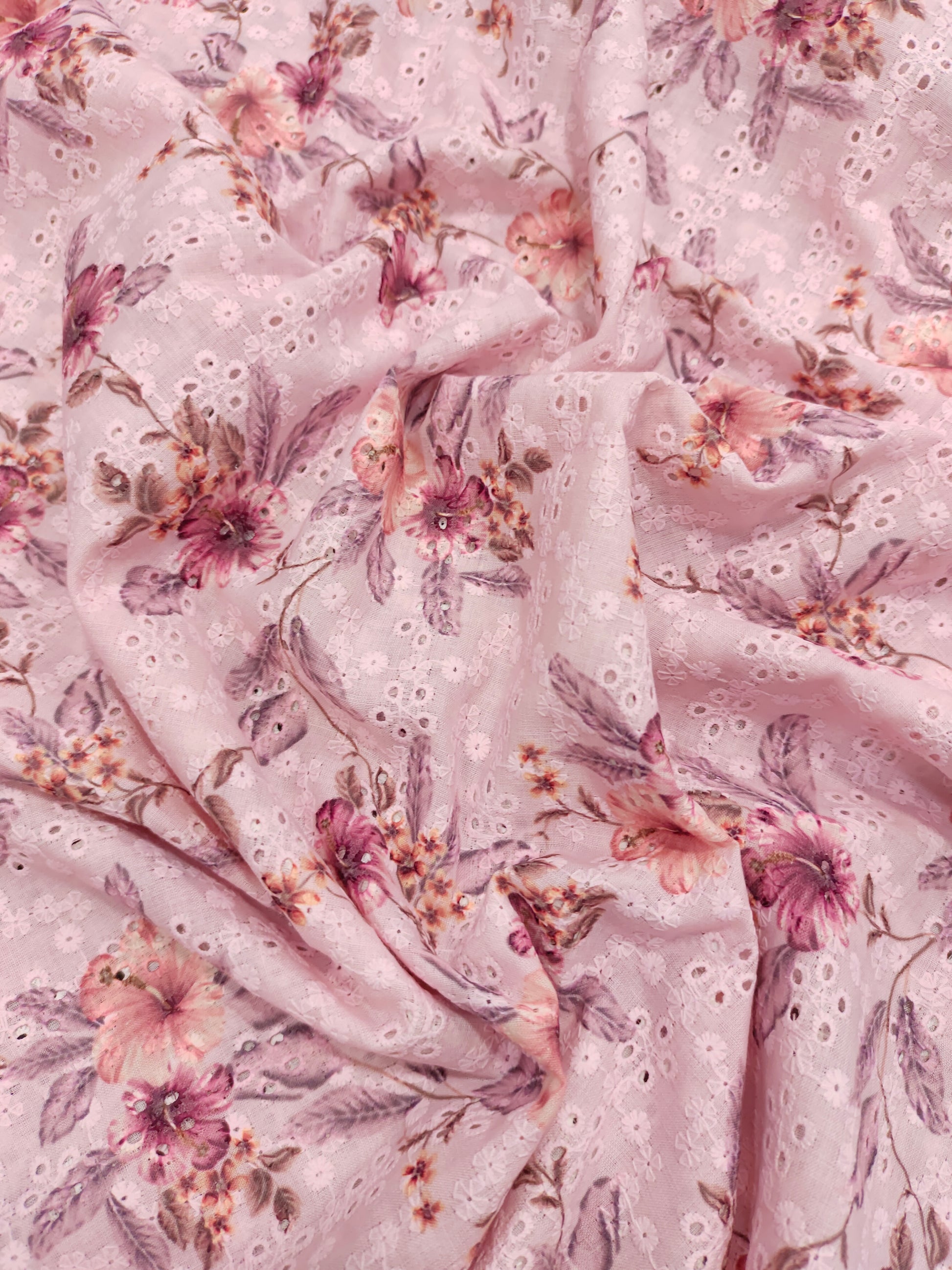 Cotton digital print embroidered fabric with pink in color