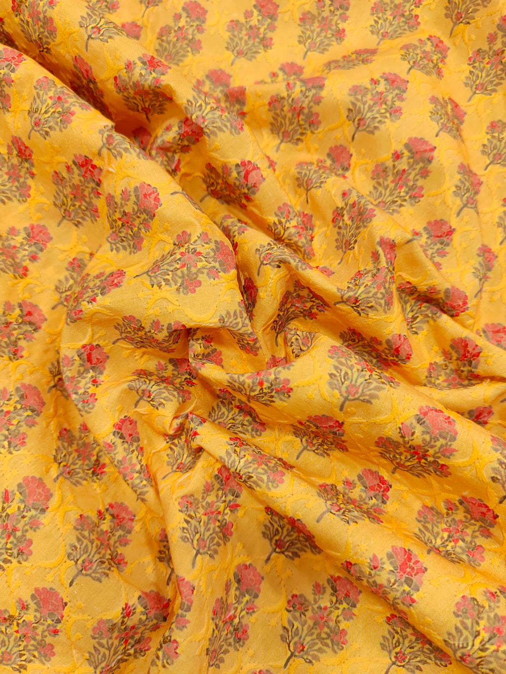 Embroidered cotton with mango yellow fabric digital print