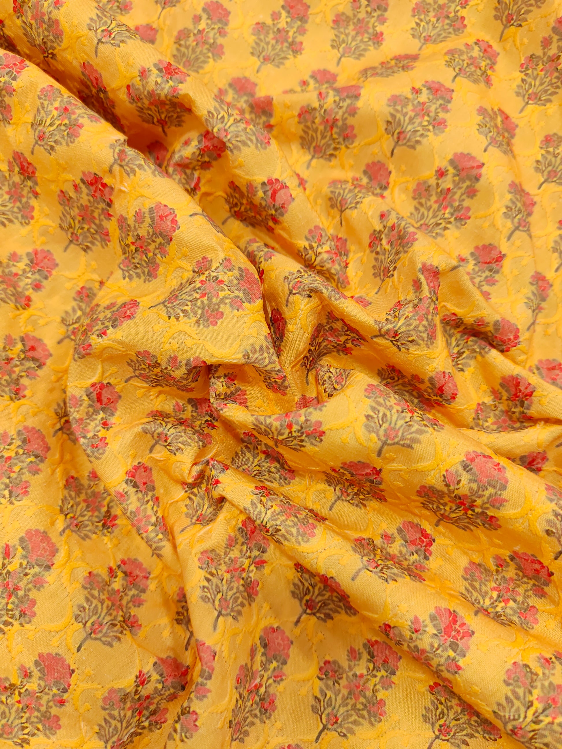 Embroidered cotton with mango yellow fabric digital print