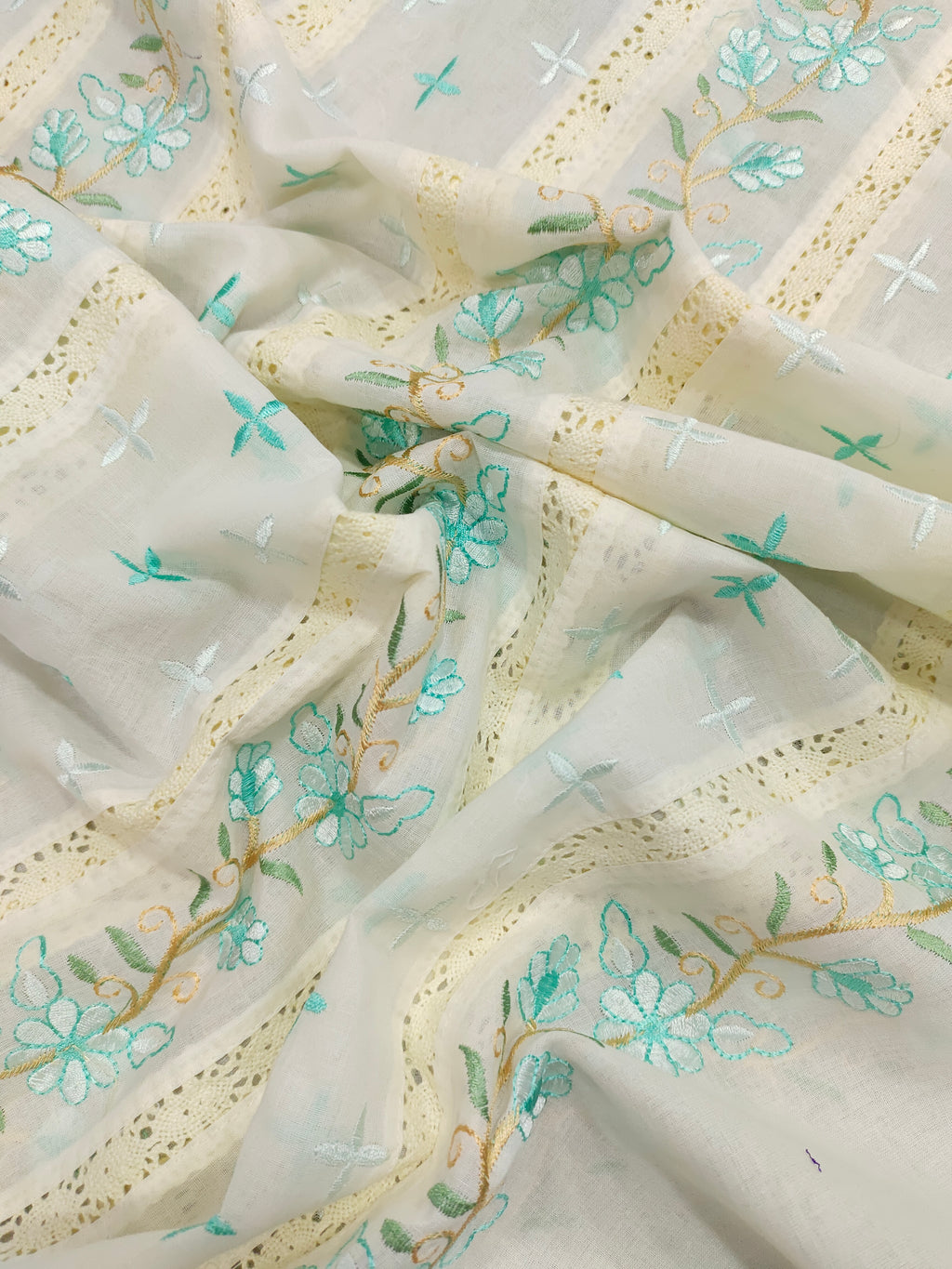 Cream  fabric with pista embroidery and  crochet lace