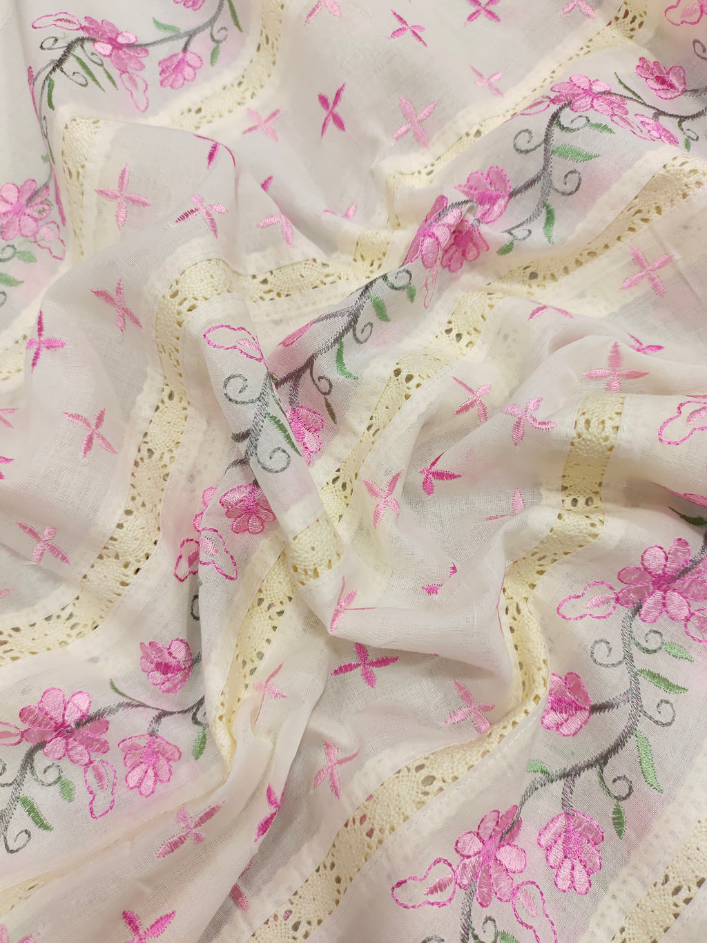Cream  fabric with pink embroidery and  crochet lace