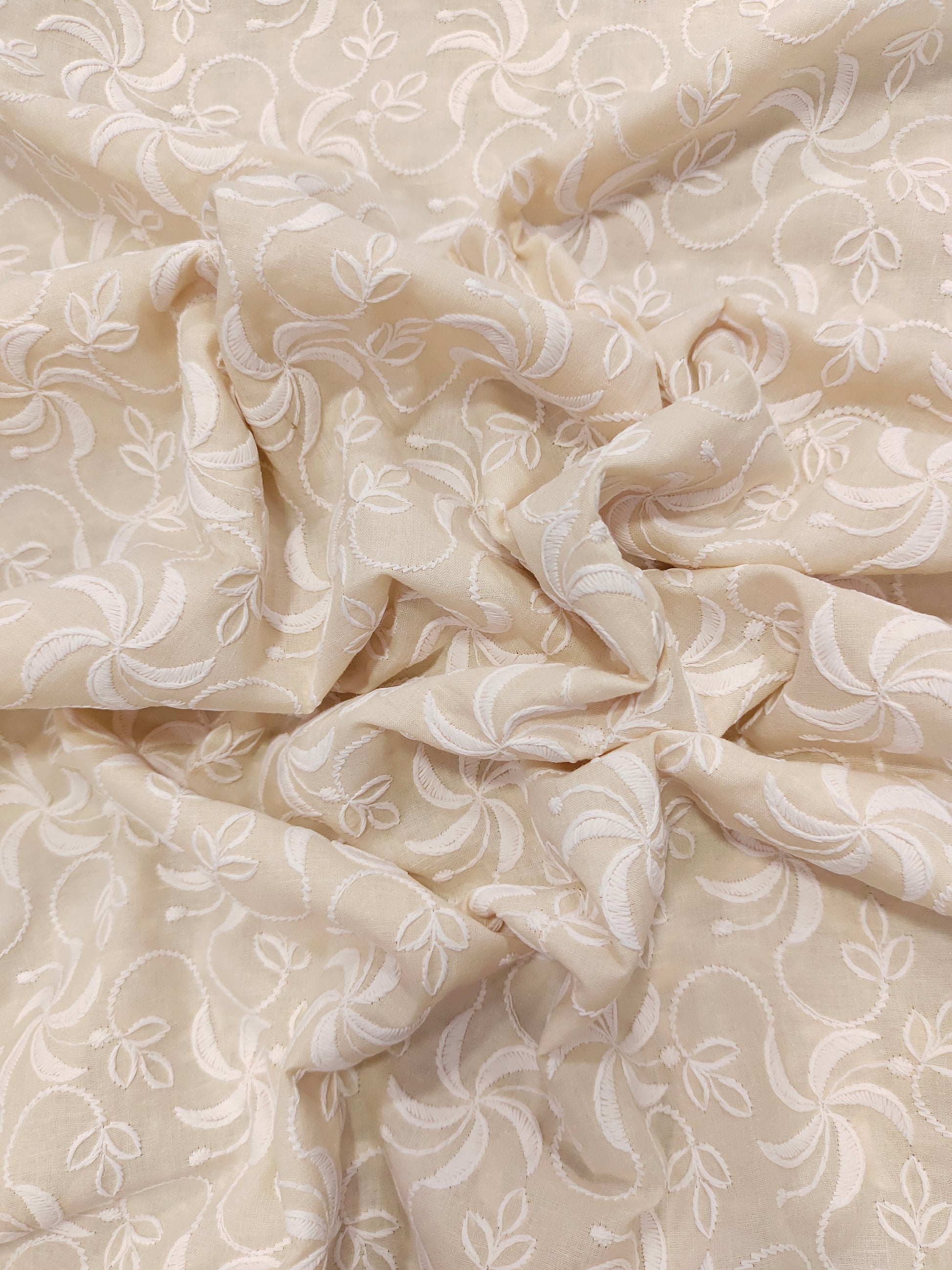 light beige white embroidery cotton fabric